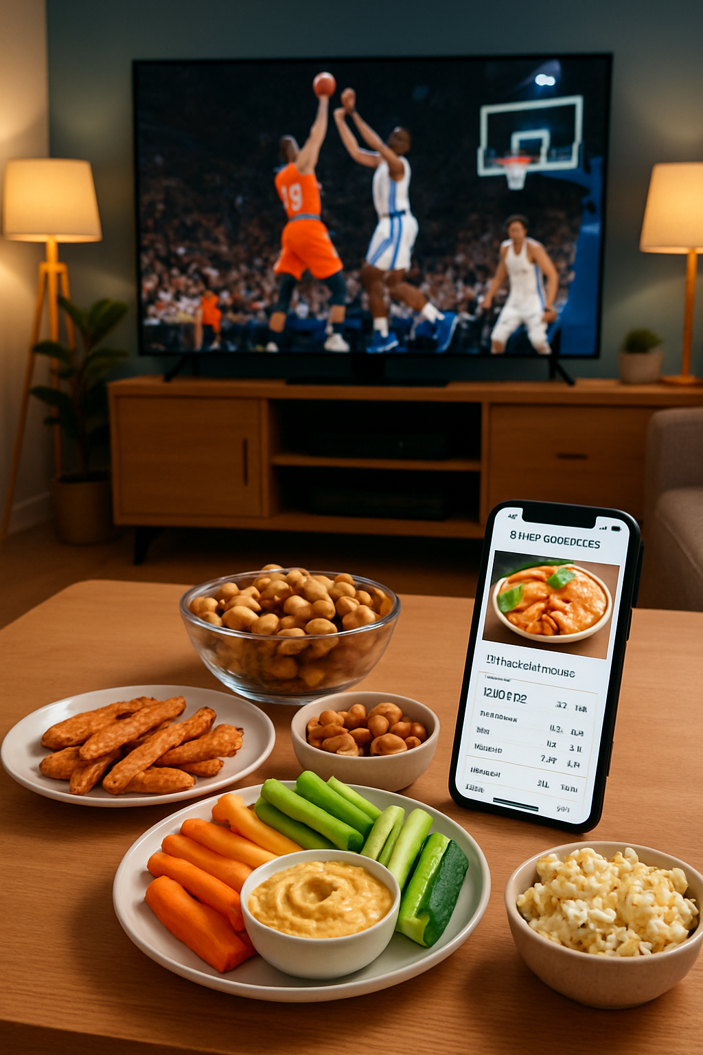 A smartphone displaying the SnapEat AI nutrition tracking app next to a healthy meal, with an NBA basketball game on a screen in the background.