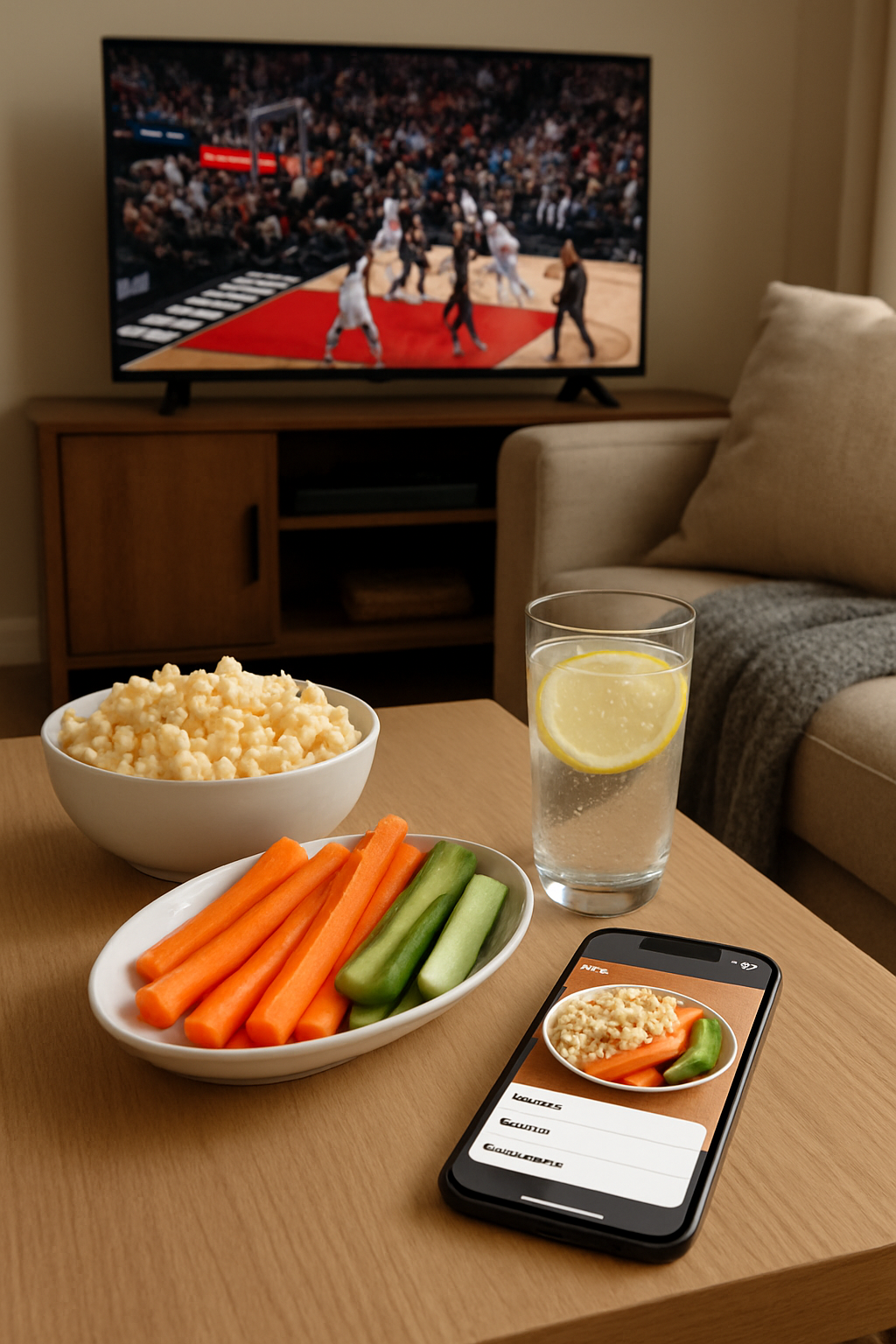A smartphone displaying the SnapEat AI nutrition coach app with a basketball game visible in the background, representing healthy NBA playoffs nutrition.