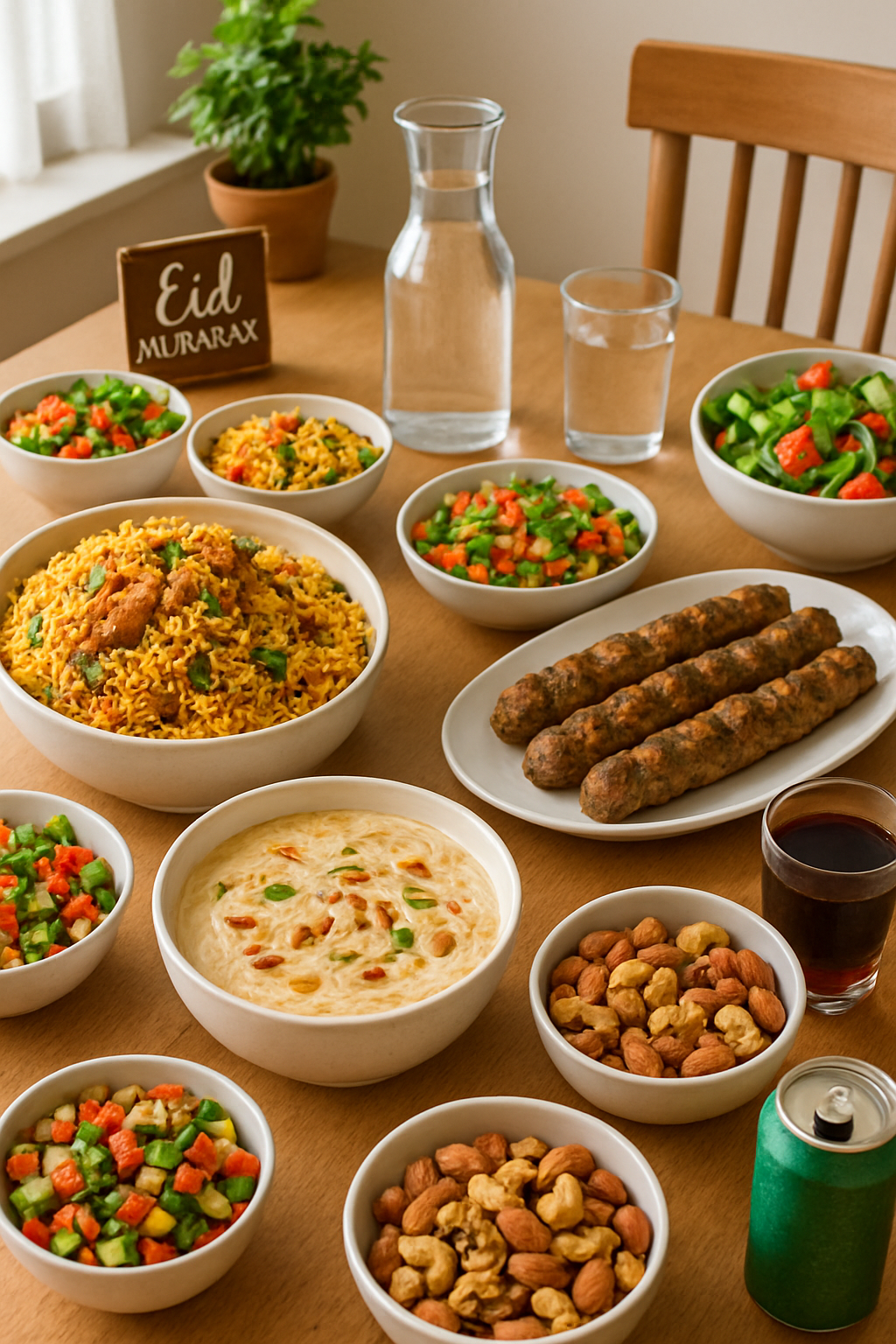 A smartphone using the SnapEat AI calorie counter to analyze a healthy Eid meal plate with kebabs and salad.