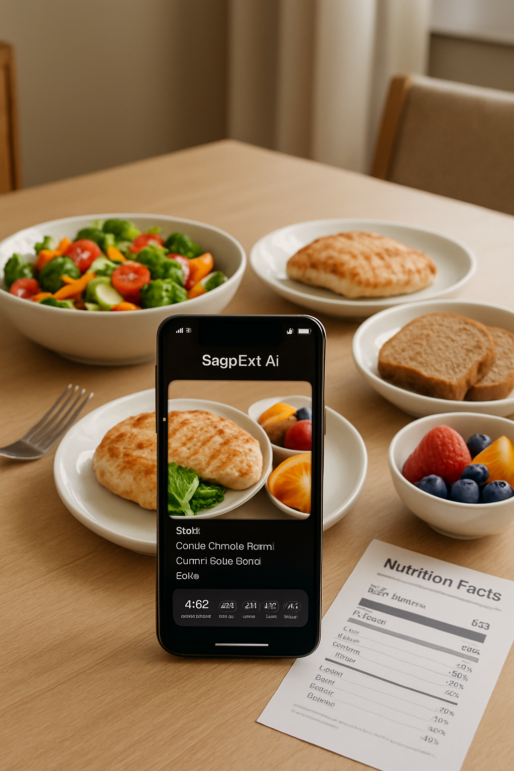 A smartphone displaying the SnapEat AI app's nutrition analysis of a healthy meal with salmon and vegetables.