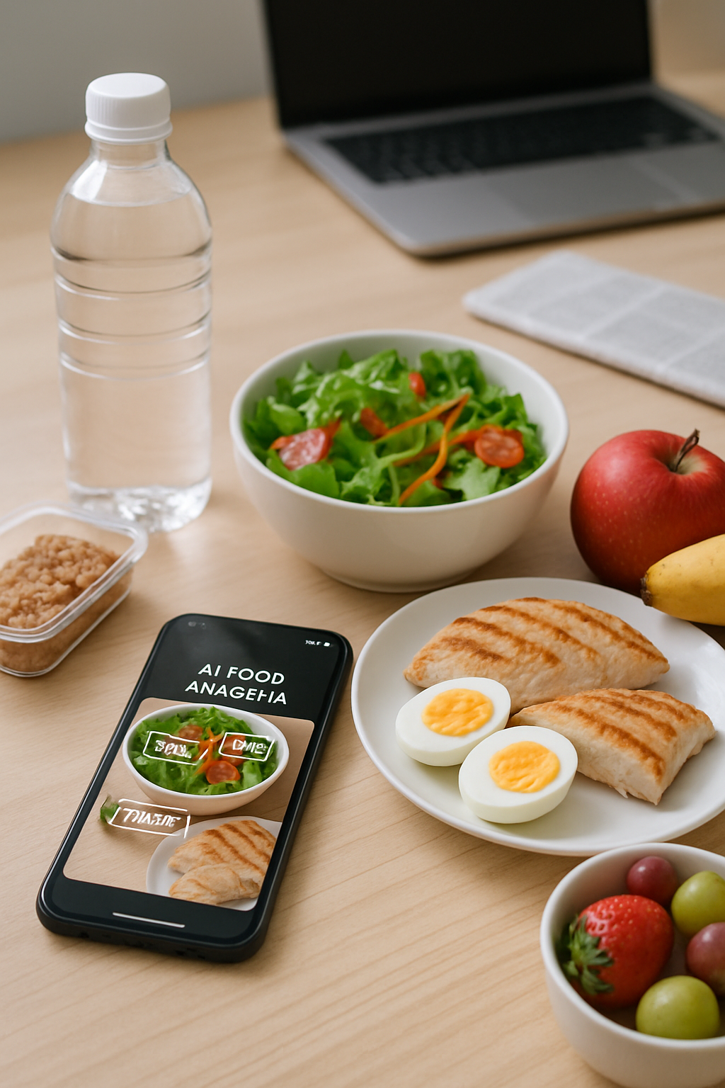 A person calmly using the SnapEat AI nutrition coach app on their phone to track a meal, feeling calm amidst news-related stress.
