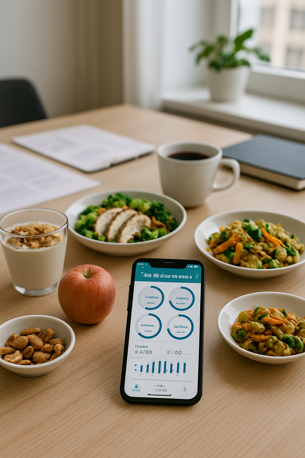 A busy professional using the SnapEat AI meal tracker app to log their lunch by taking a photo, demonstrating smart nutrition.