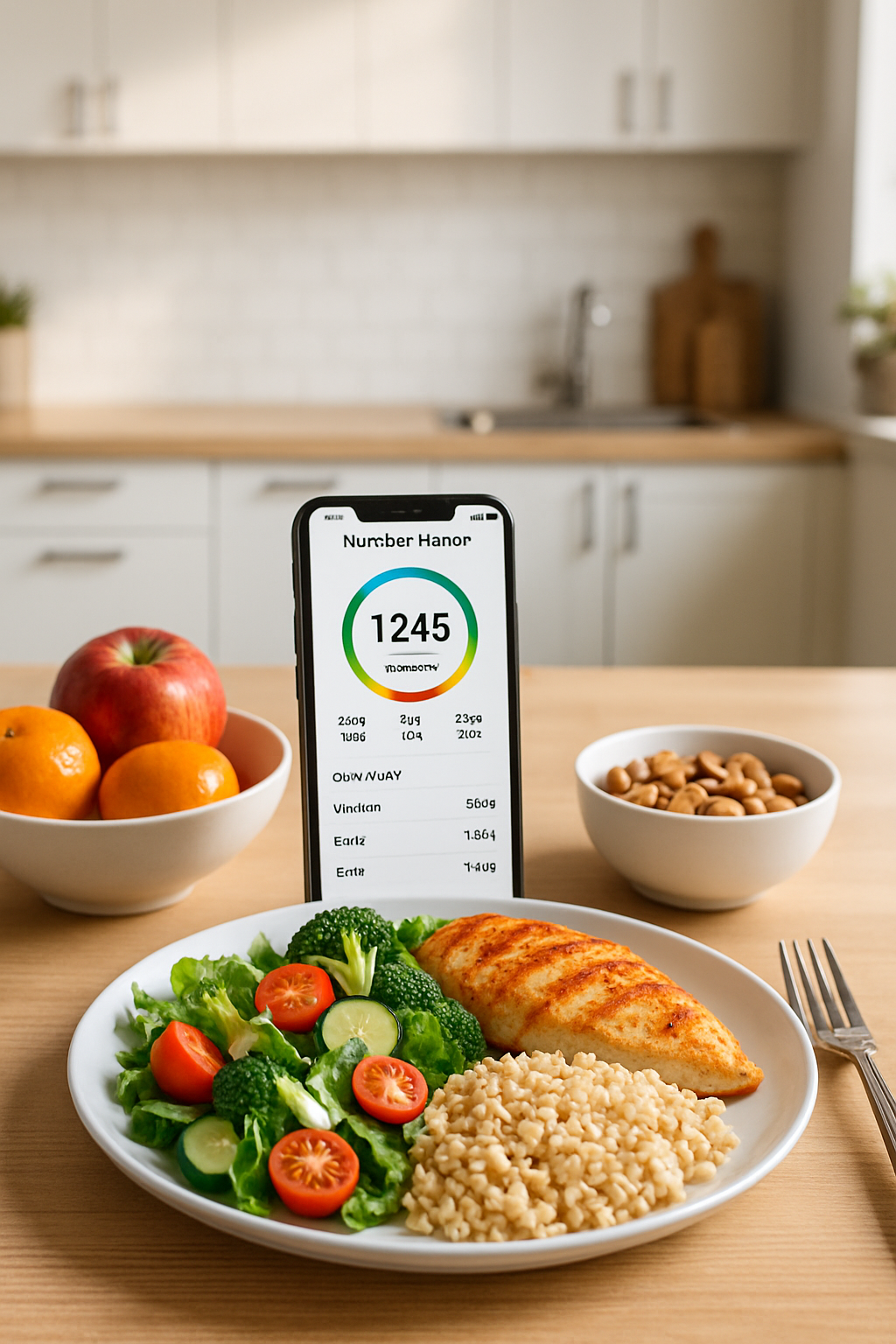 Smartphone screen showing the SnapEat AI app interface analyzing a photo of a salad to calculate calories and macros.