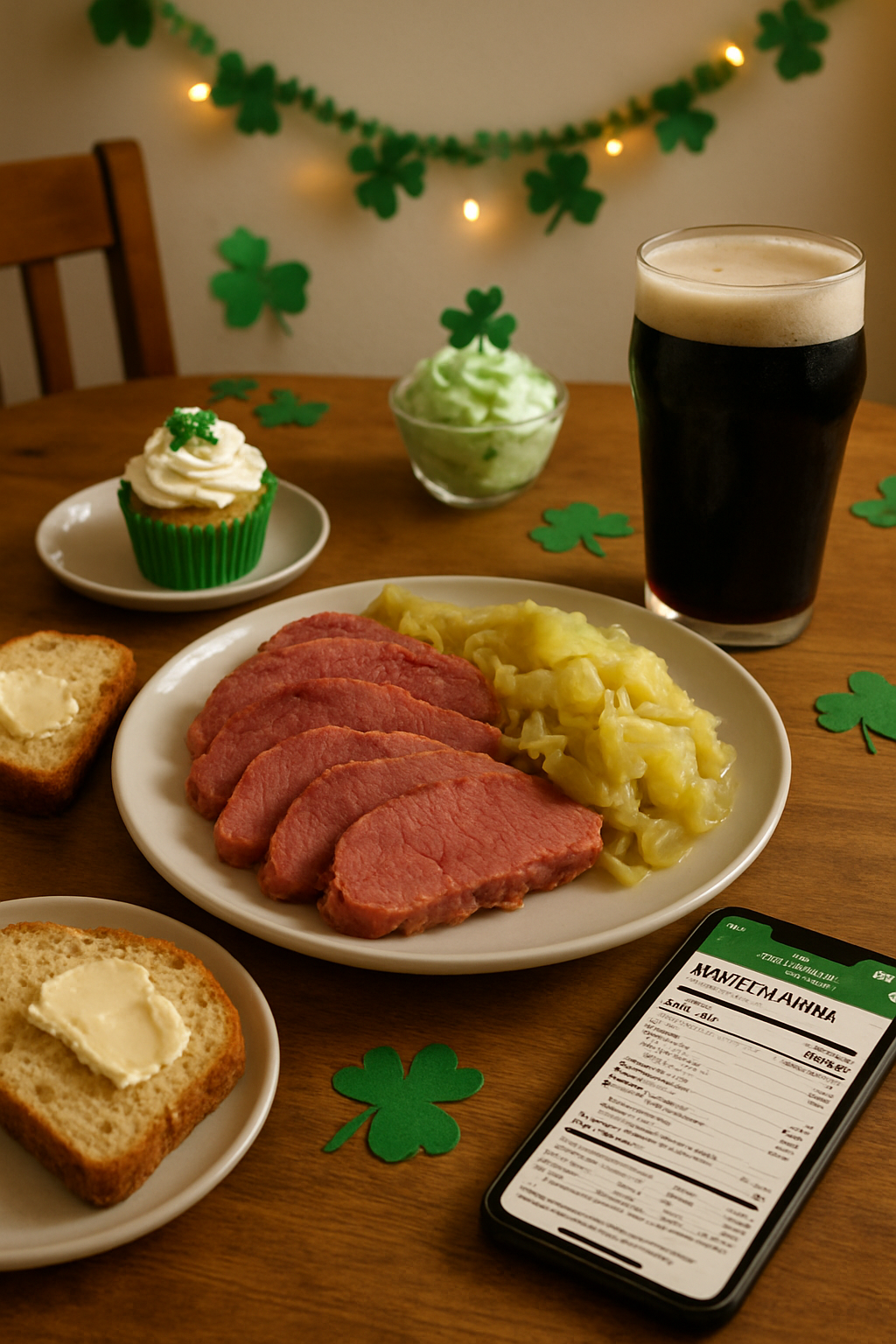 A person using the SnapEat AI meal tracking app to track a St. Patrick's Day meal with corned beef and Guinness.