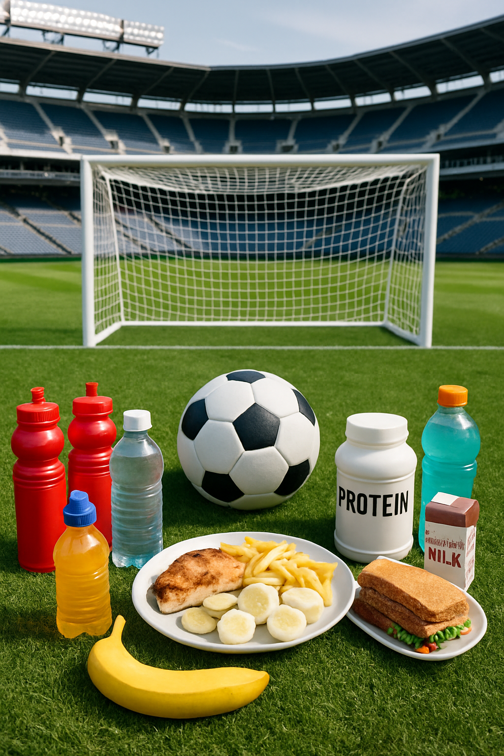 Athlete using the SnapEat AI sports nutrition app on a phone to track a healthy meal, with a football in the background.