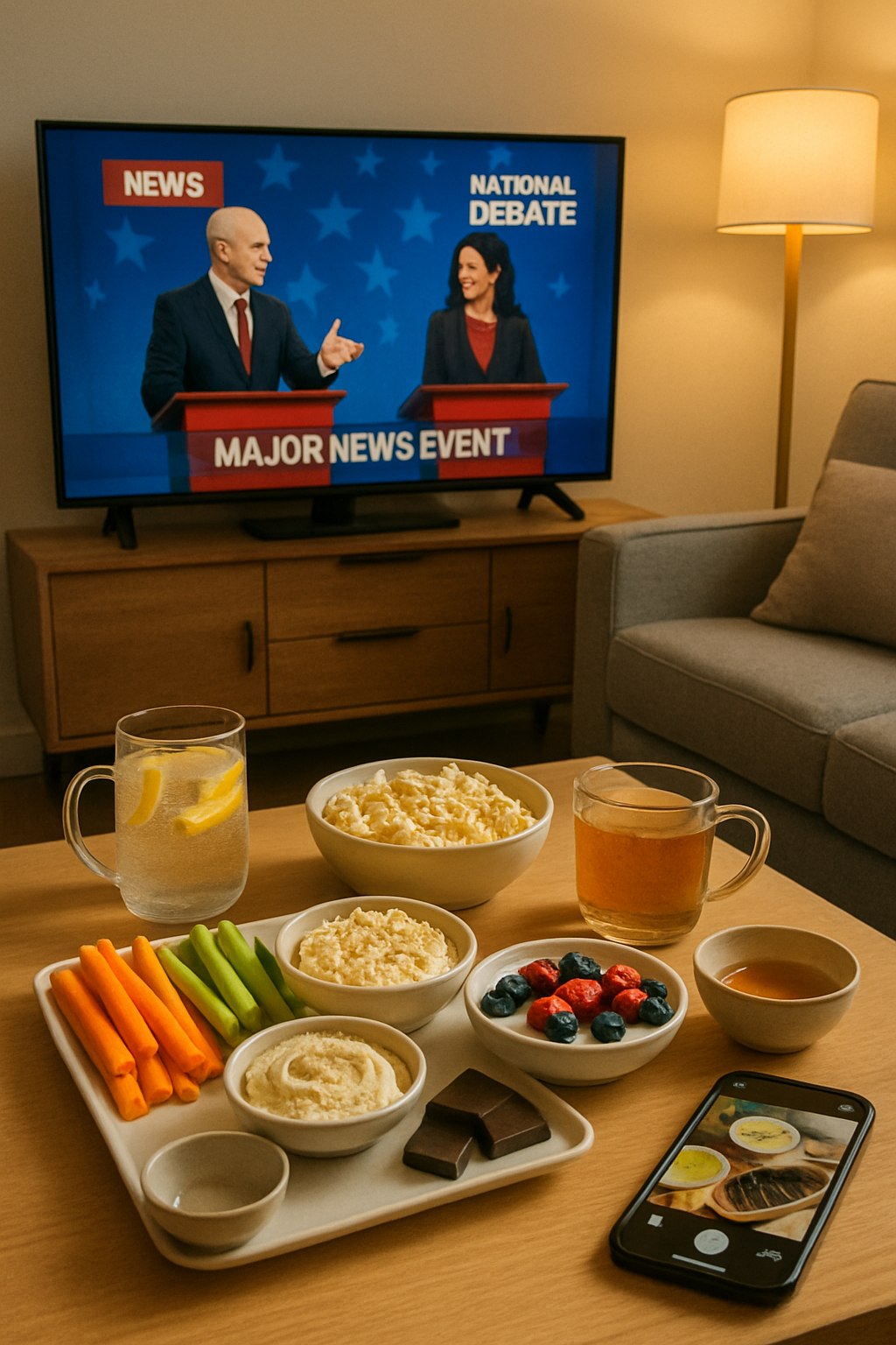 A person using the SnapEat AI app on their phone to track a bowl of healthy popcorn while watching a political debate on TV.