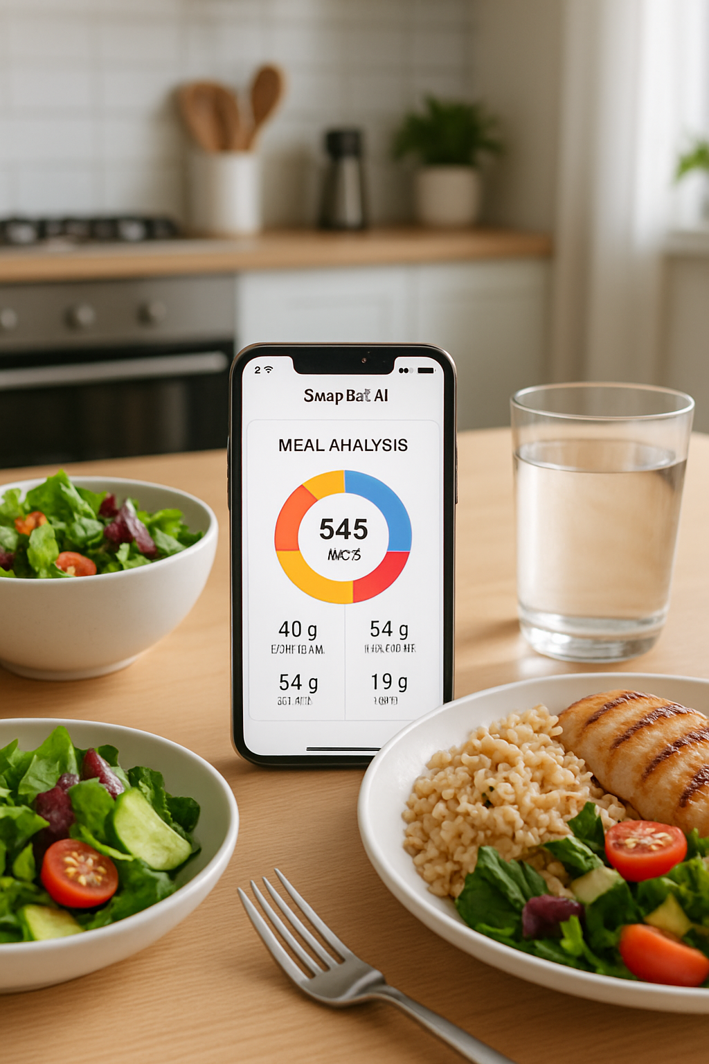 Smartphone showing SnapEat AI app analyzing a healthy meal with Bondi Beach in the background