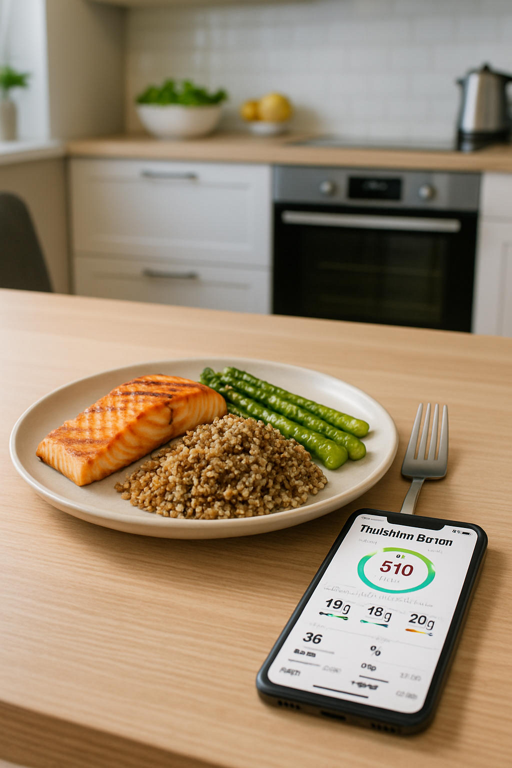 A person using the SnapEat AI food tracking app on their phone to take a photo of a healthy meal with salmon and asparagus.