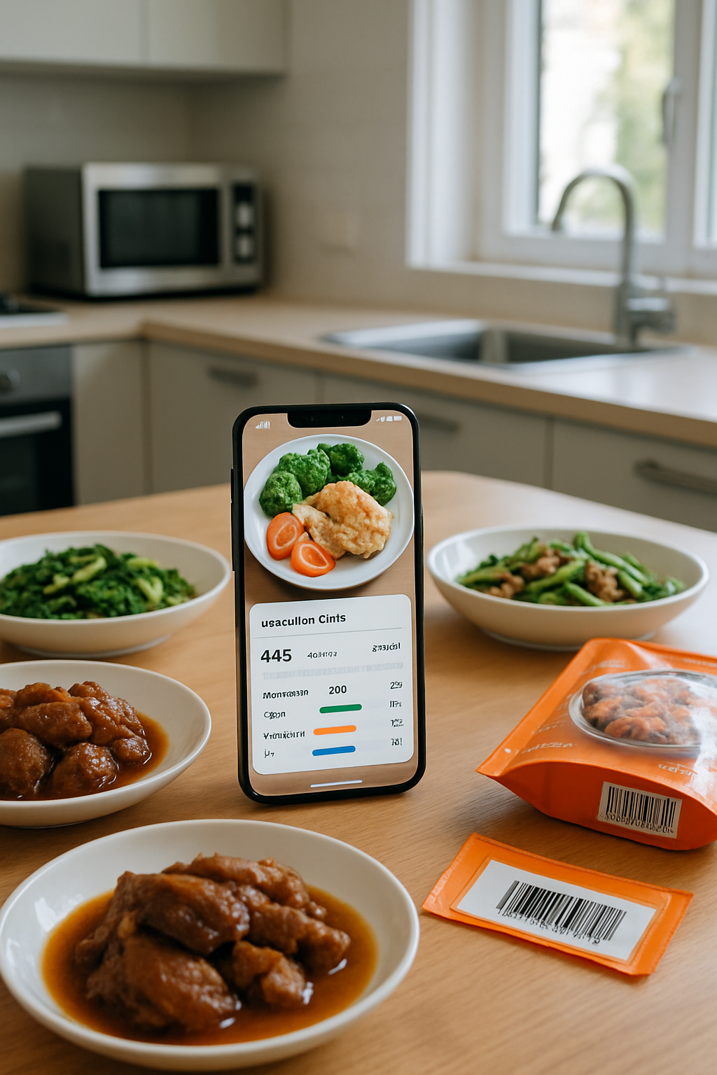 A smartphone running the SnapEat AI nutrition tracker, analyzing a photo of a healthy salmon and vegetable meal.