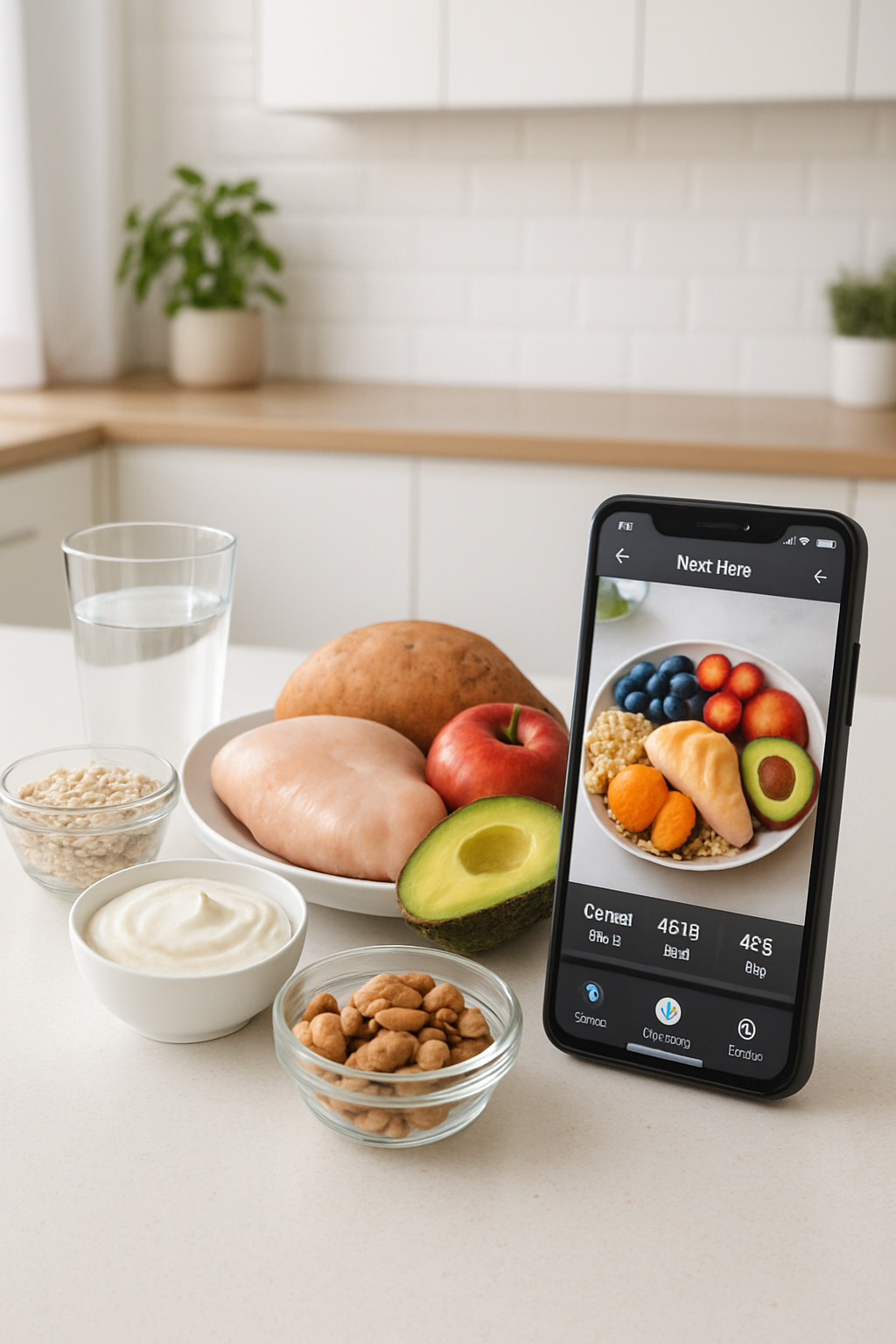 A plate of healthy food next to a smartphone displaying the SnapEat AI nutrition tracker app.