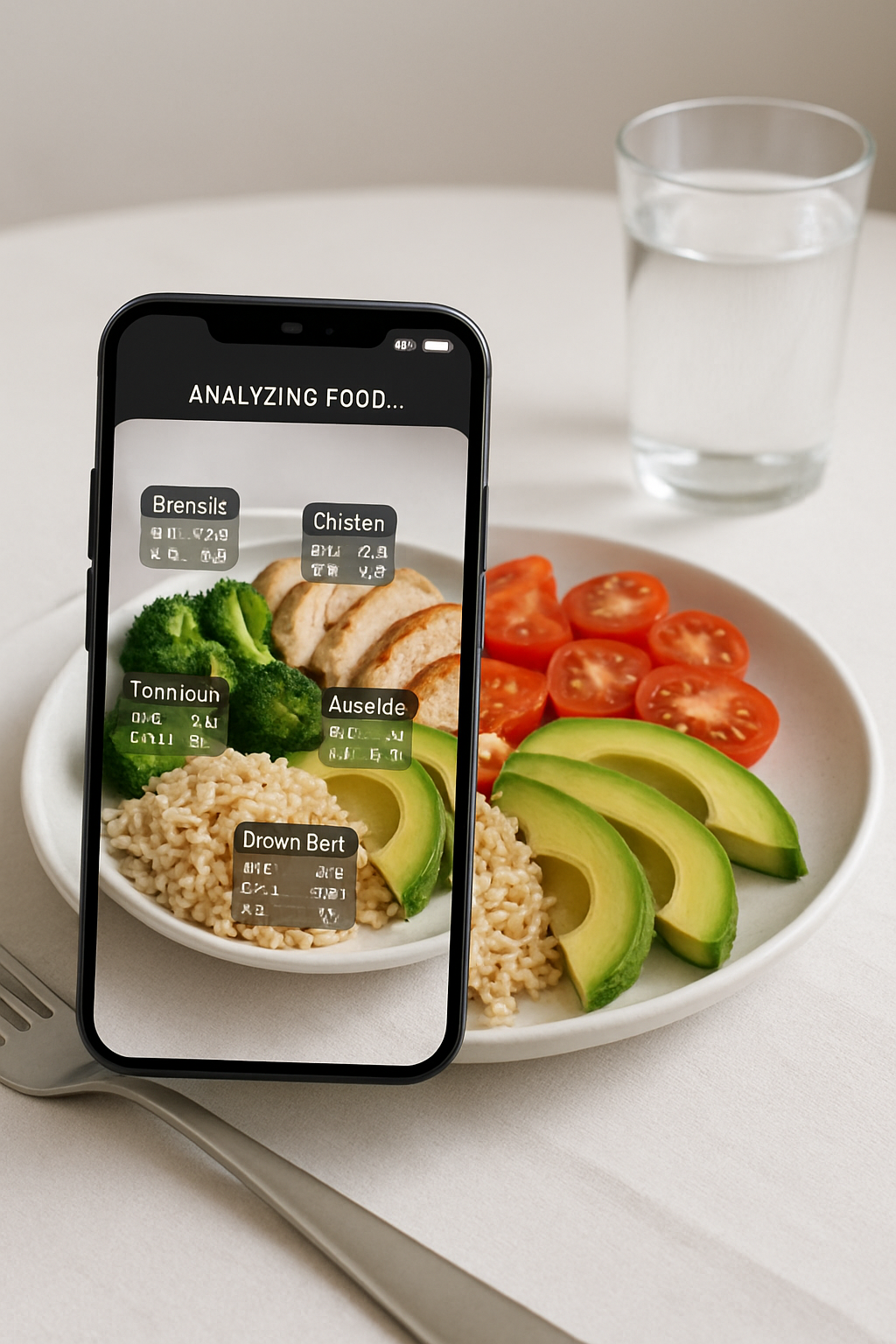 A smartphone showing the SnapEat AI interface analyzing a photo of a bowl of salad and fruit.