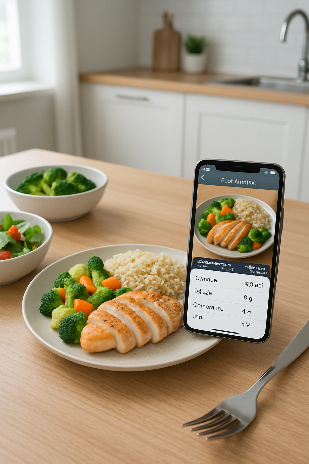 Smartphone using SnapEat AI app to analyze a meal of salmon and vegetables by photo.