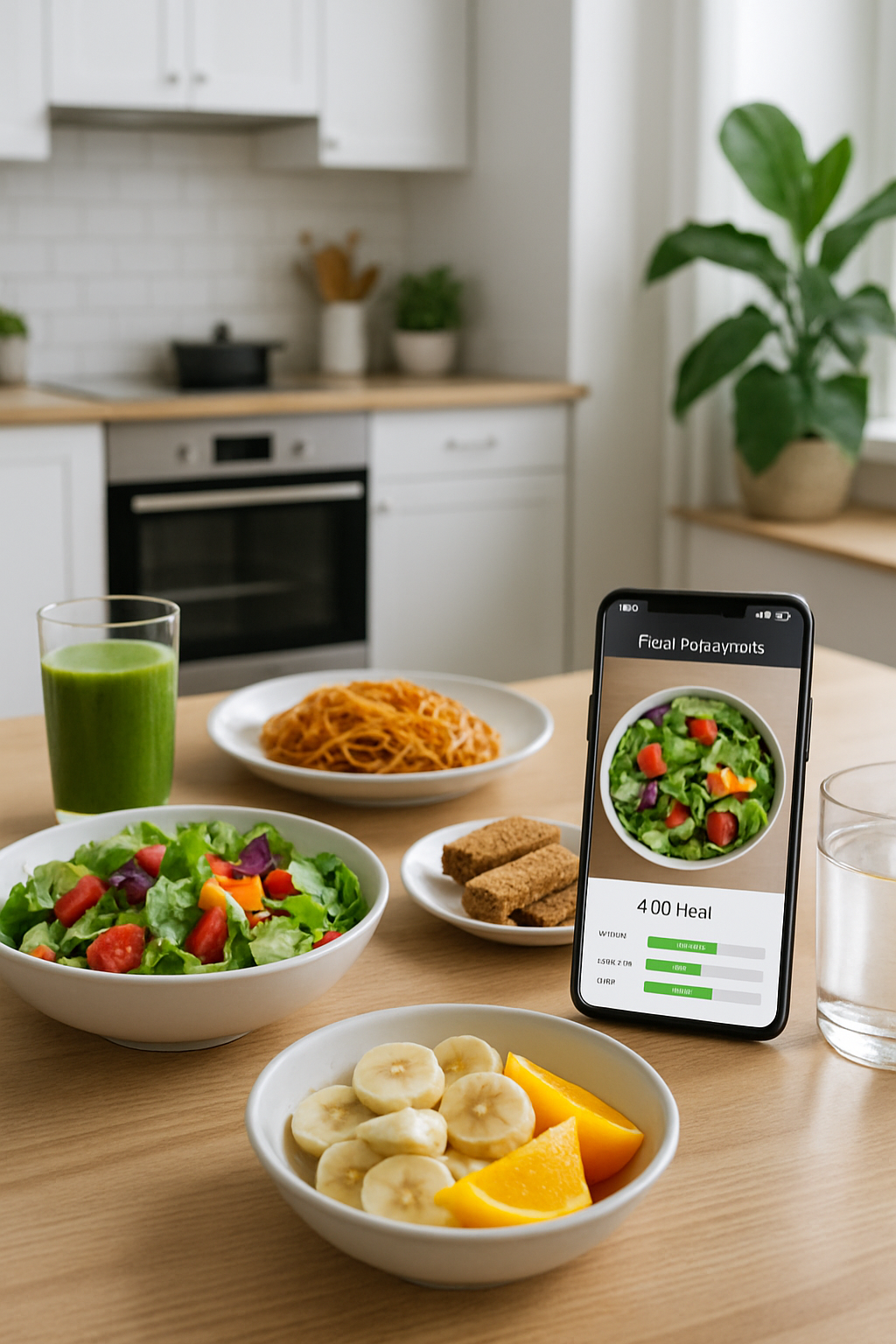 A smartphone running the SnapEat AI app, which is analyzing a photo of a healthy salad to provide nutrition data.
