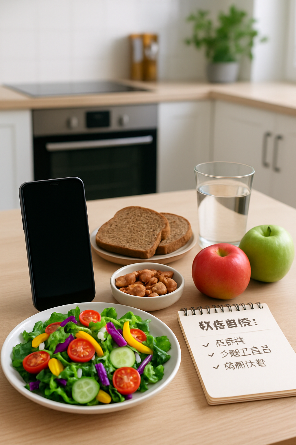 Smartphone showing the SnapEat AI app analyzing a photo of a healthy meal, symbolizing a health transformation.