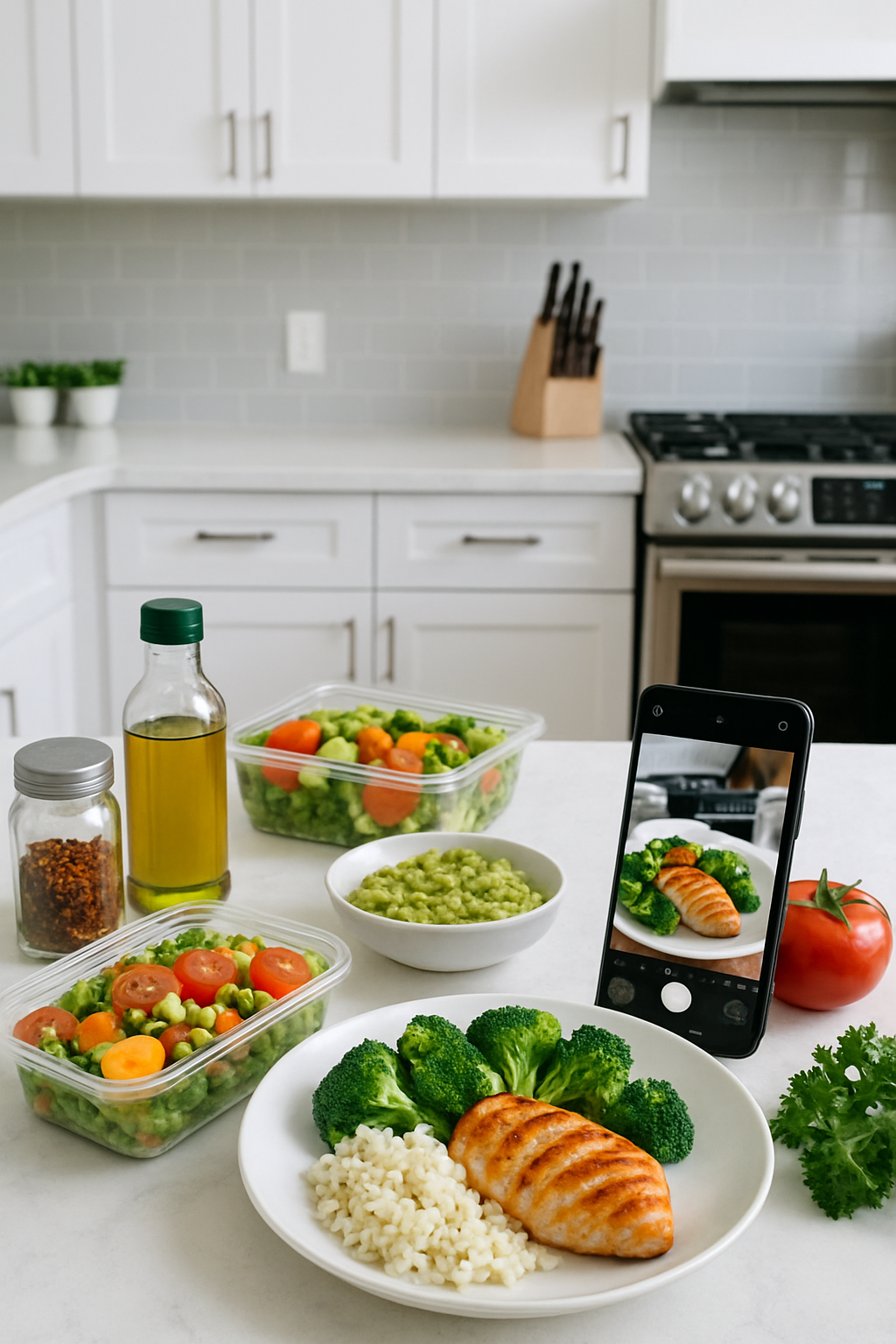 A smartphone displaying the SnapEat AI app interface analyzing a photo of a healthy meal with salmon and vegetables