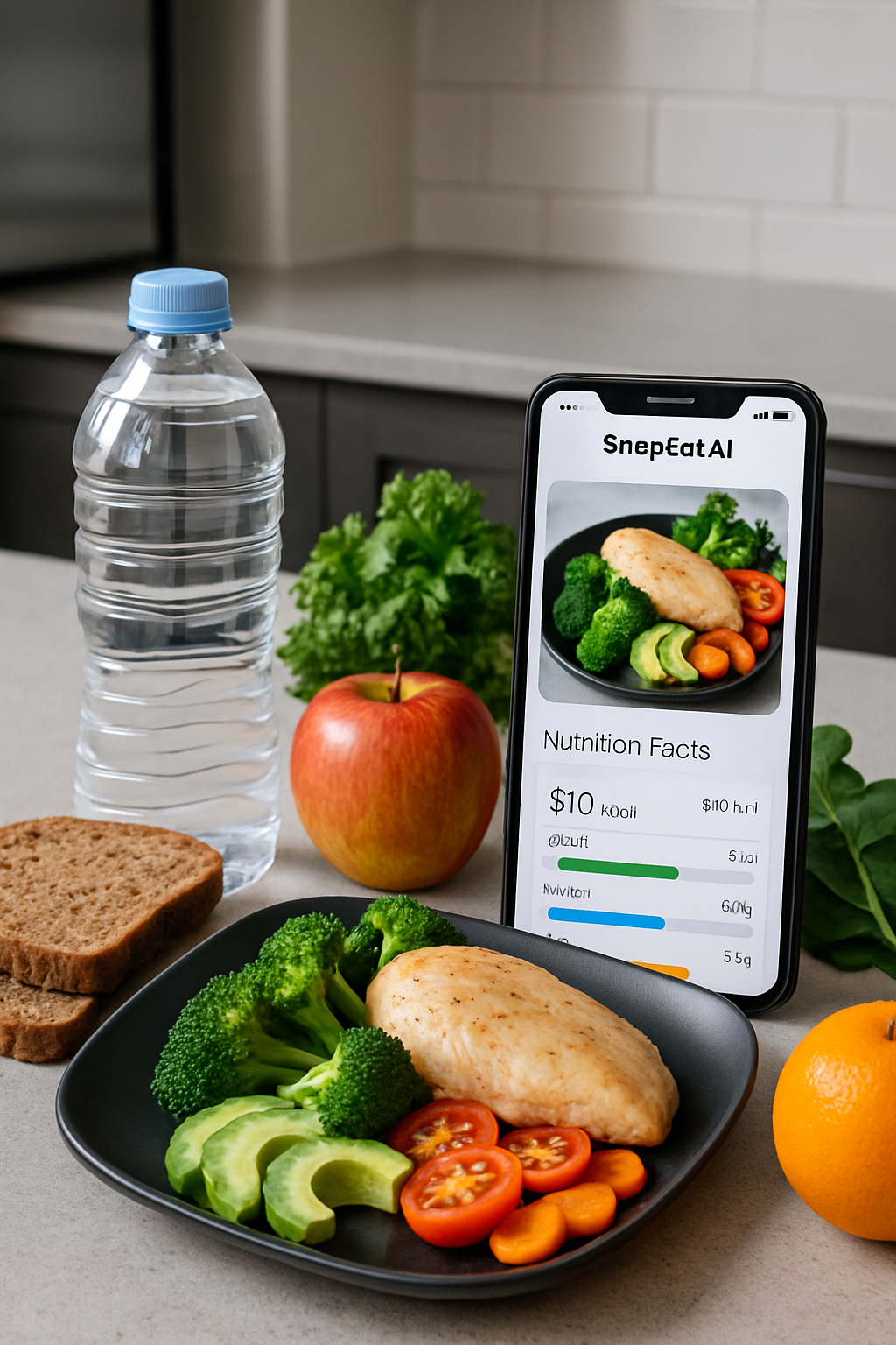 Smartphone showing the SnapEat AI food coach app interface after scanning a healthy meal of salmon and vegetables.