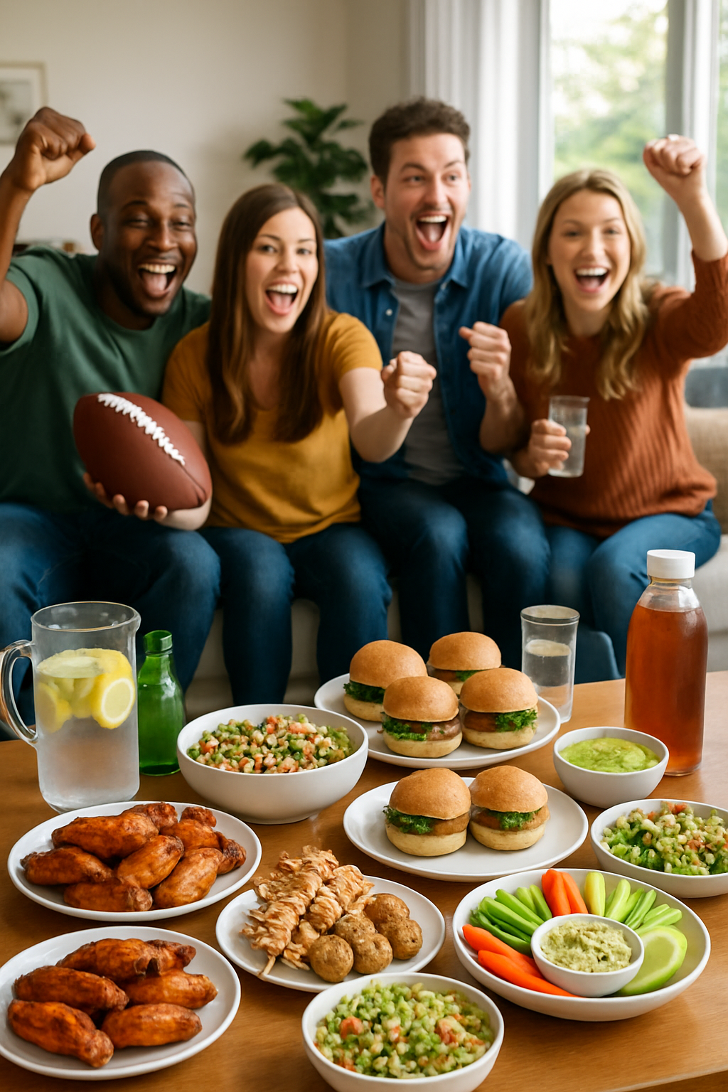 A plate of healthy game day food including baked wings, guacamole, and veggie sticks, with a phone showing the SnapEat AI calorie tracker app.