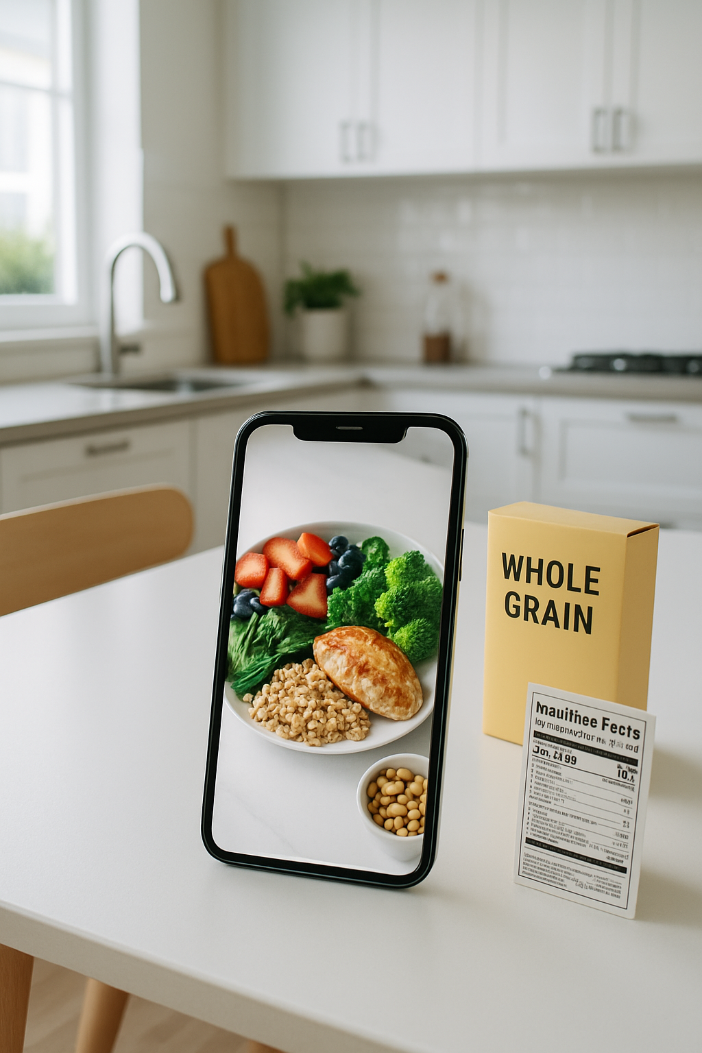 Smartphone showing the SnapEat AI nutrition coach app analyzing a healthy meal with salmon and vegetables from a photo.