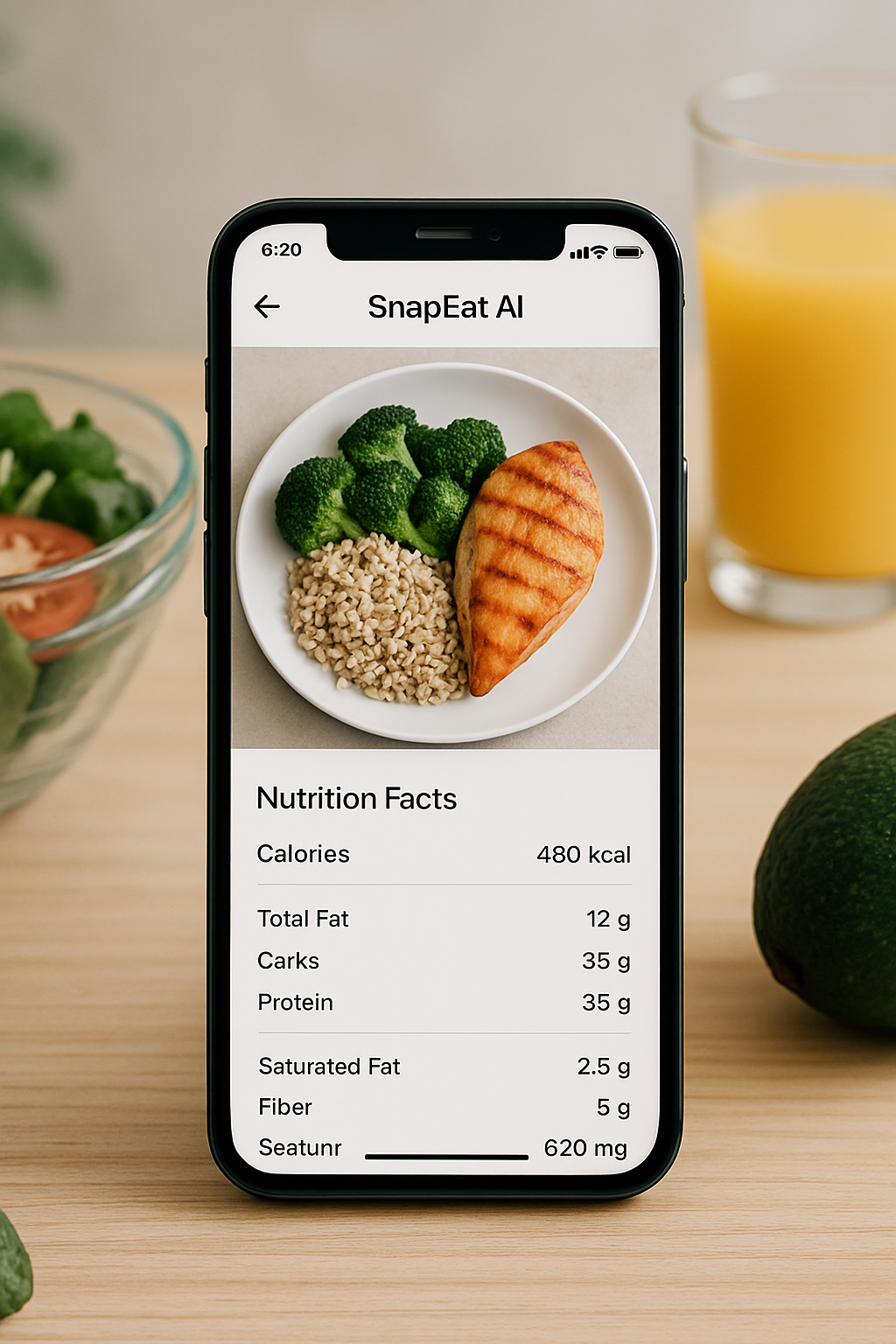 A smartphone displaying the SnapEat AI app interface, analyzing a picture of a healthy meal with salmon and vegetables.