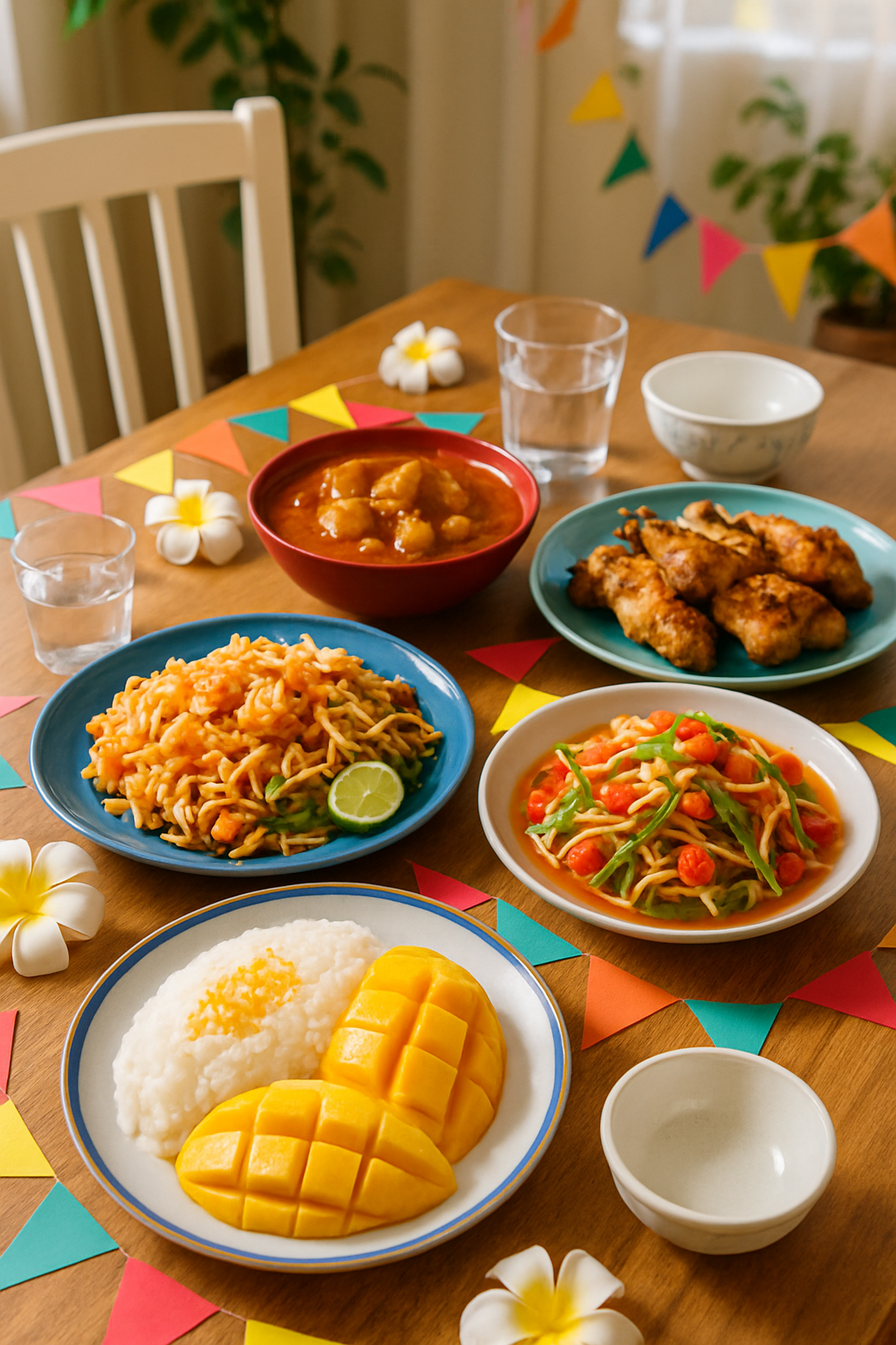 A plate of Pad Thai and Mango Sticky Rice being tracked for calories on a smartphone with the SnapEat AI app during Songkran.