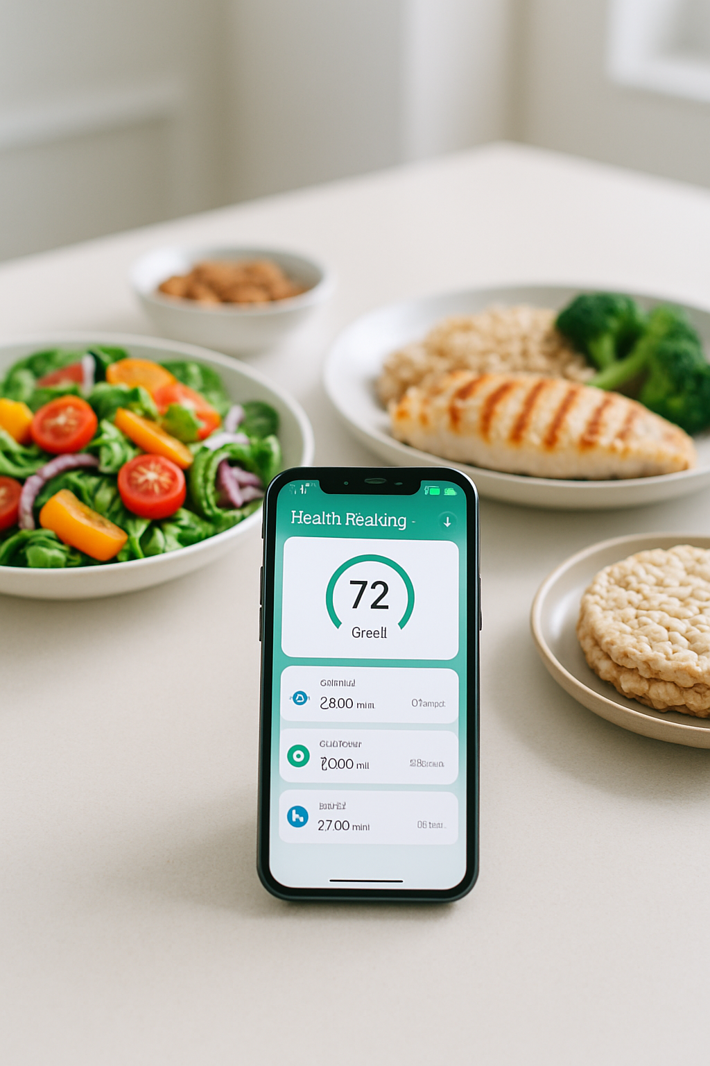 A smartphone displaying the SnapEat AI calorie counter app, analyzing a photo of a healthy meal with salmon and vegetables.
