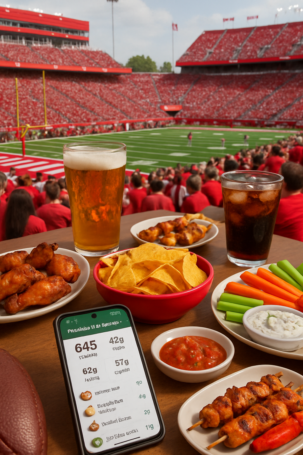A fan uses SnapEat AI on their phone for instant nutrition info on grilled chicken skewers at a football tailgate.