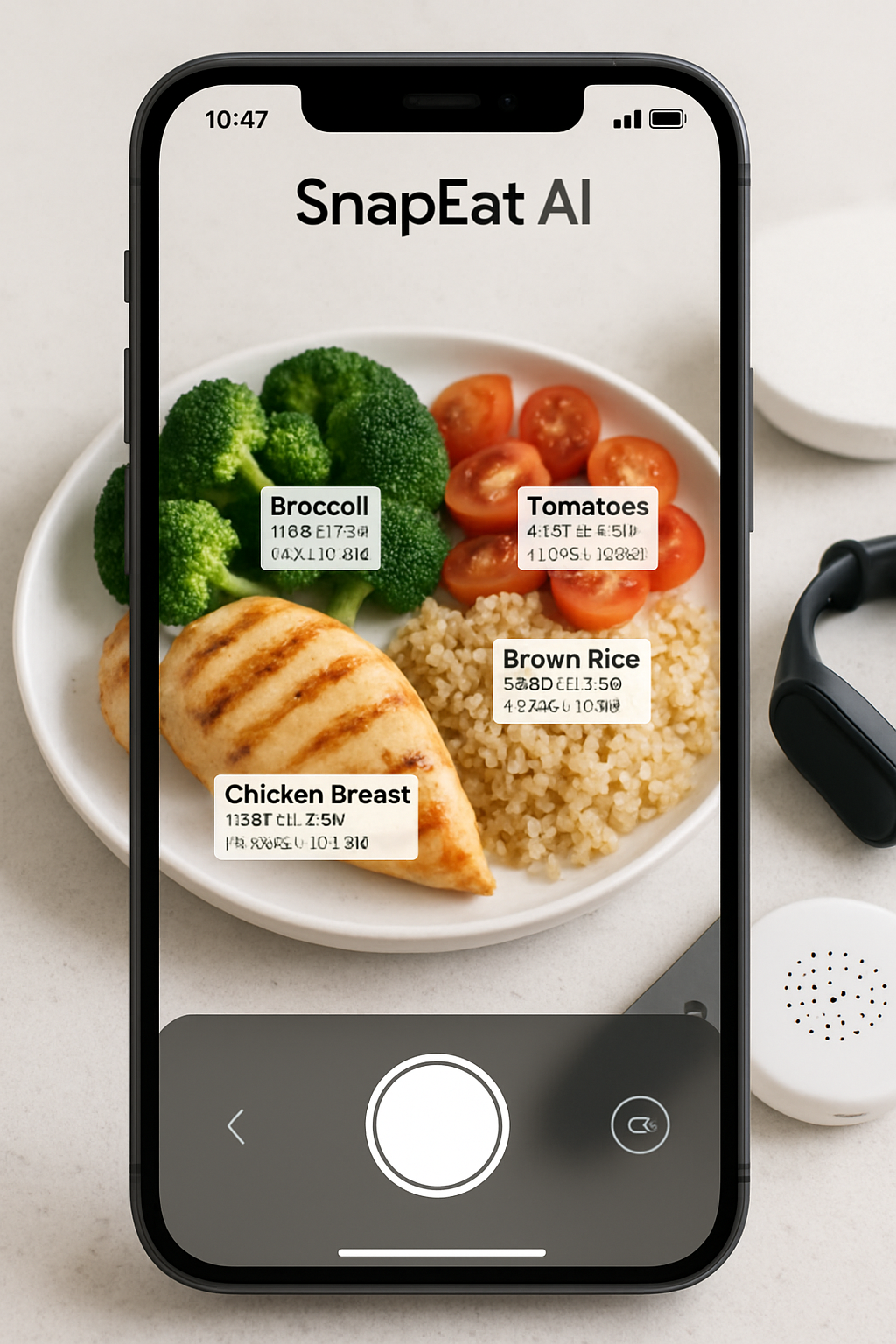 Smartphone showing the SnapEat AI food recognition app analyzing a healthy meal of salmon and avocado.