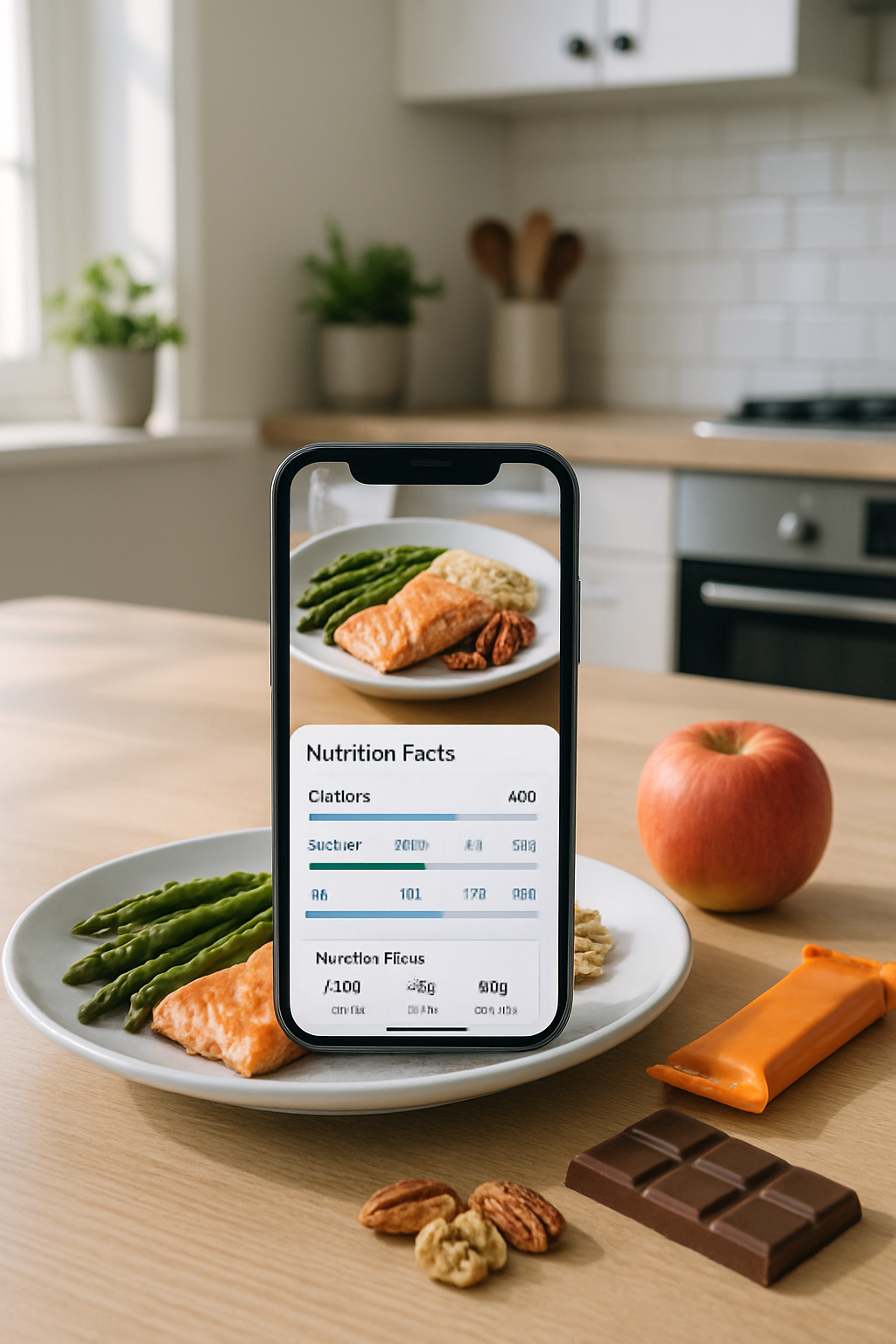 A smartphone displaying the SnapEat AI nutrition tracker app, using its camera to analyze a healthy meal of salmon and vegetables.