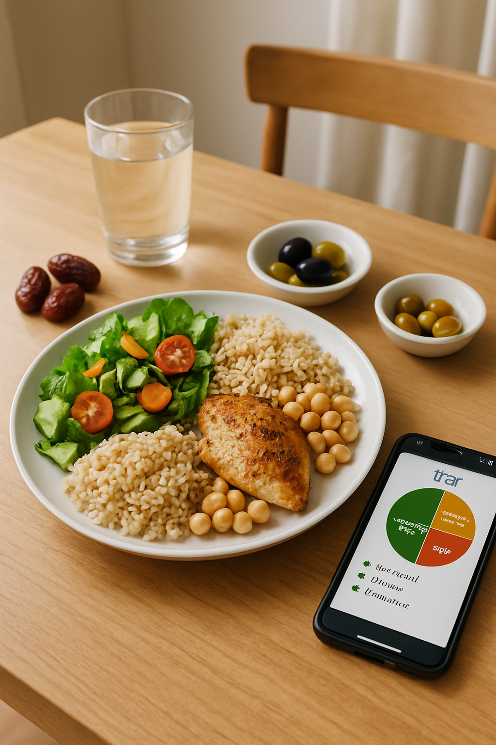 A balanced and healthy Iftar meal on a plate being tracked by the SnapEat AI nutrition app during Ramadan.