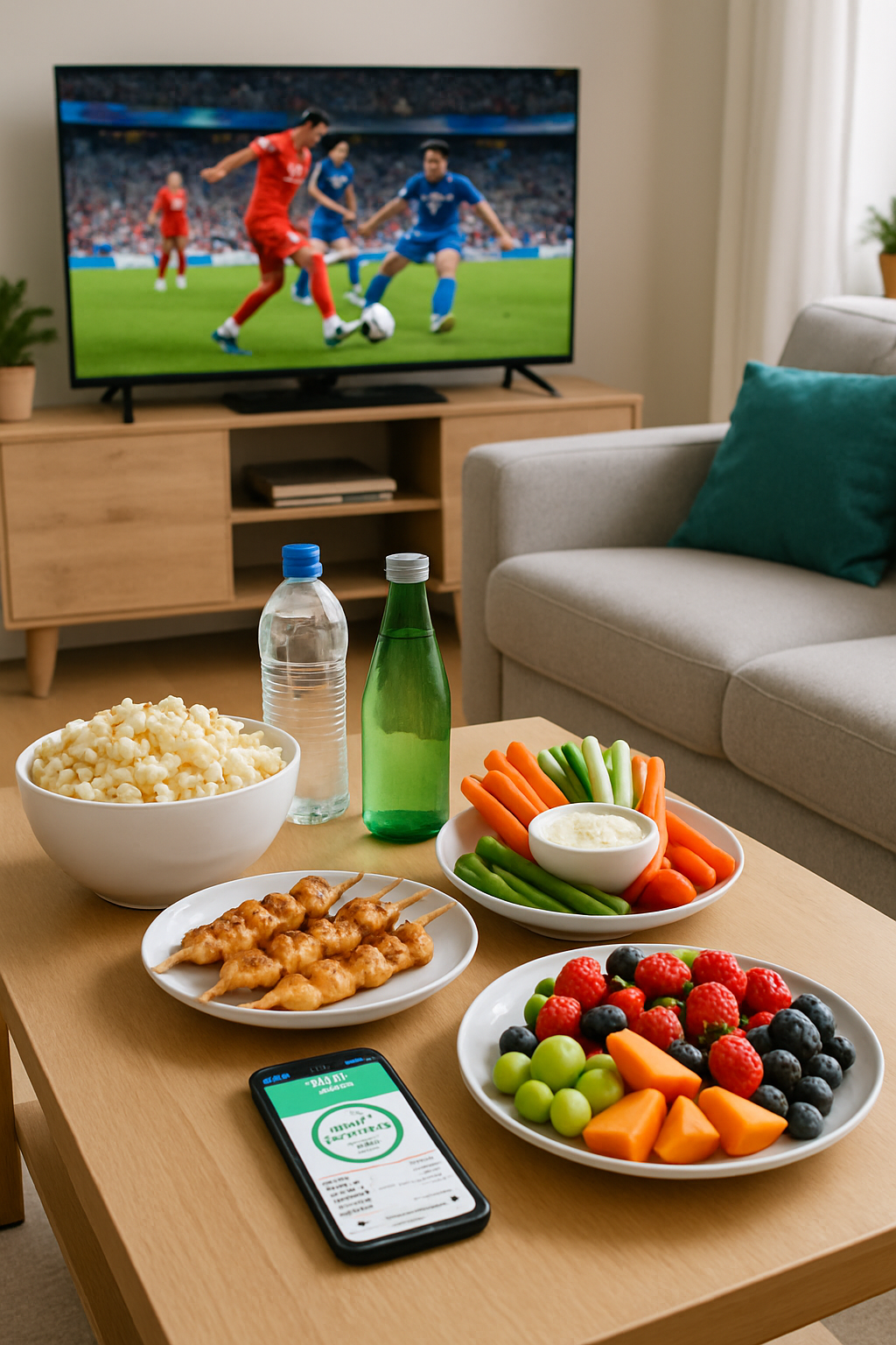 Man using the SnapEat AI nutrition coach app on his phone to track a bowl of healthy World Cup snacks while watching a game.