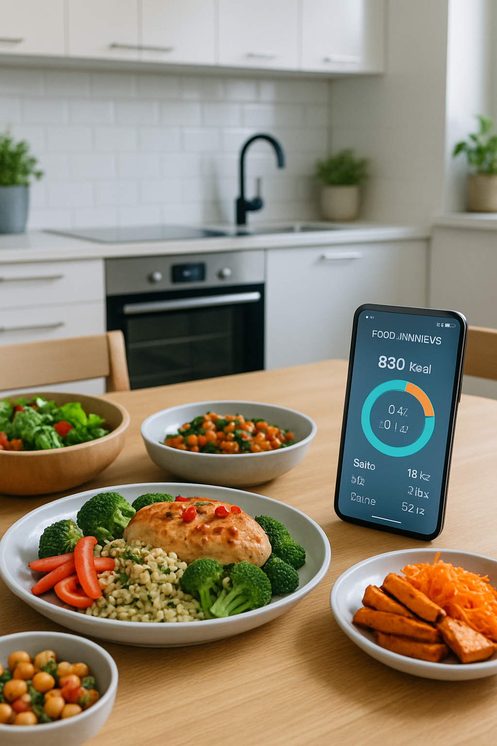 A smartphone running the SnapEat AI app, which is analyzing the nutrition of a healthy meal, demonstrating smart eating in Port Arthur.