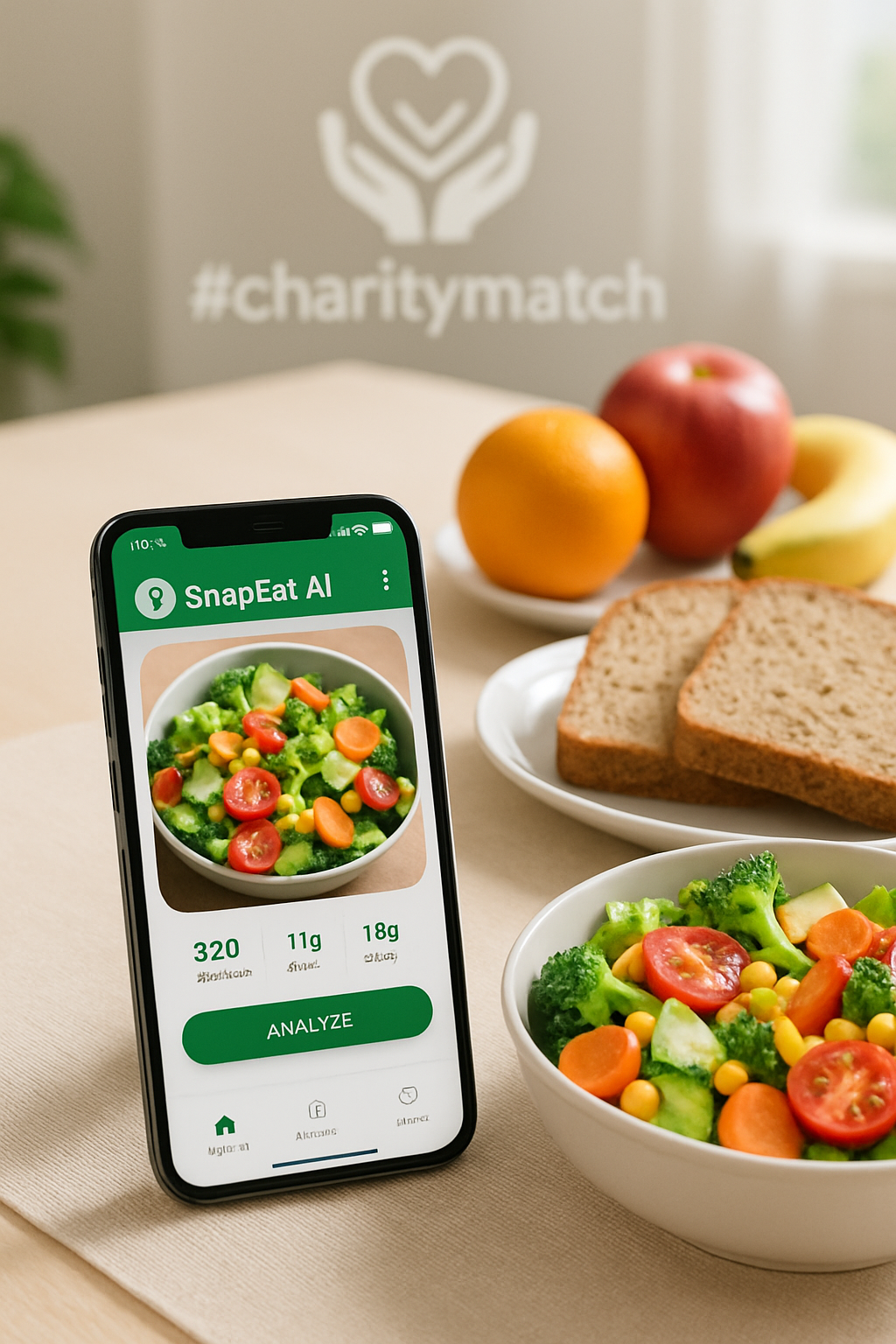A smartphone displaying the SnapEat AI food tracking app, showing a meal being logged for the #charitymatch campaign.