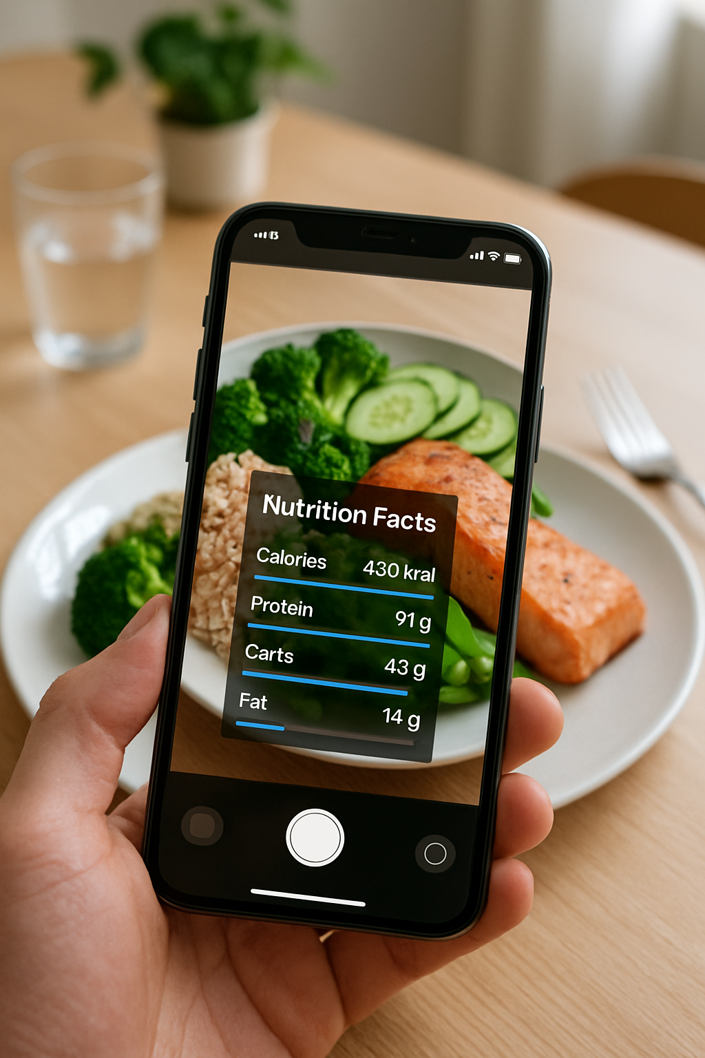 Smartphone displaying the SnapEat AI nutrition tracker interface, analyzing a photo of a healthy meal with salmon and vegetables.
