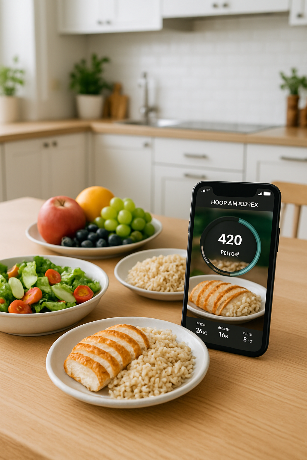 A phone displaying the SnapEat AI nutrition coach app interface, analyzing a healthy meal.