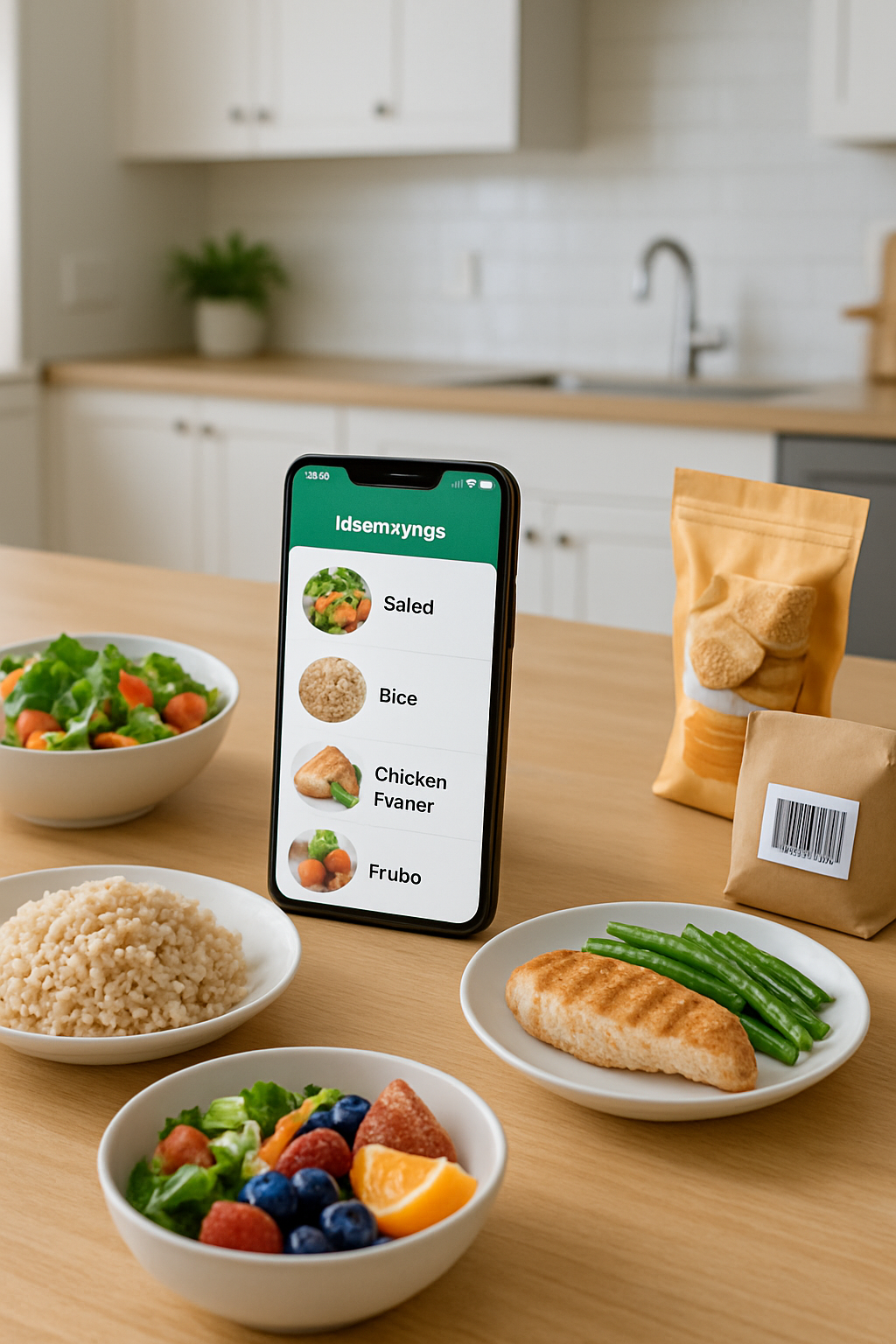 A smartphone displaying the SnapEat AI food tracker app interface, analyzing a photo of a healthy meal.