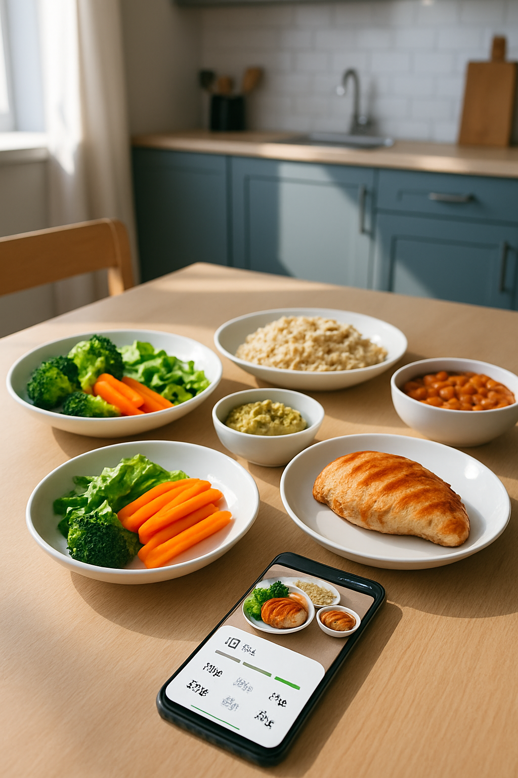 A smartphone running the SnapEat AI smart calorie counter app, analyzing a photo of a healthy meal.