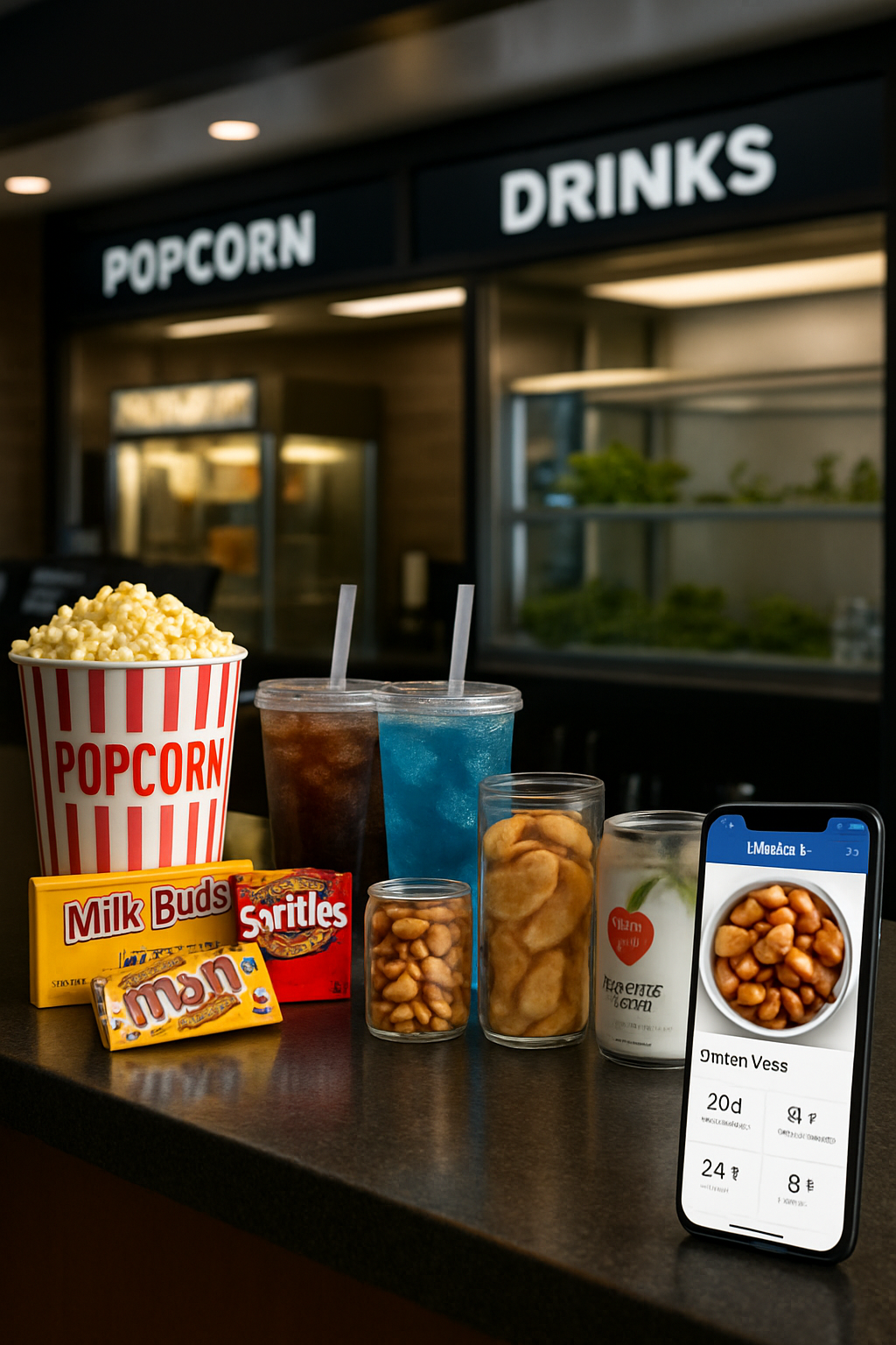 A person using the SnapEat AI nutrition tracker app on their phone to log healthy movie snacks in a cinema.