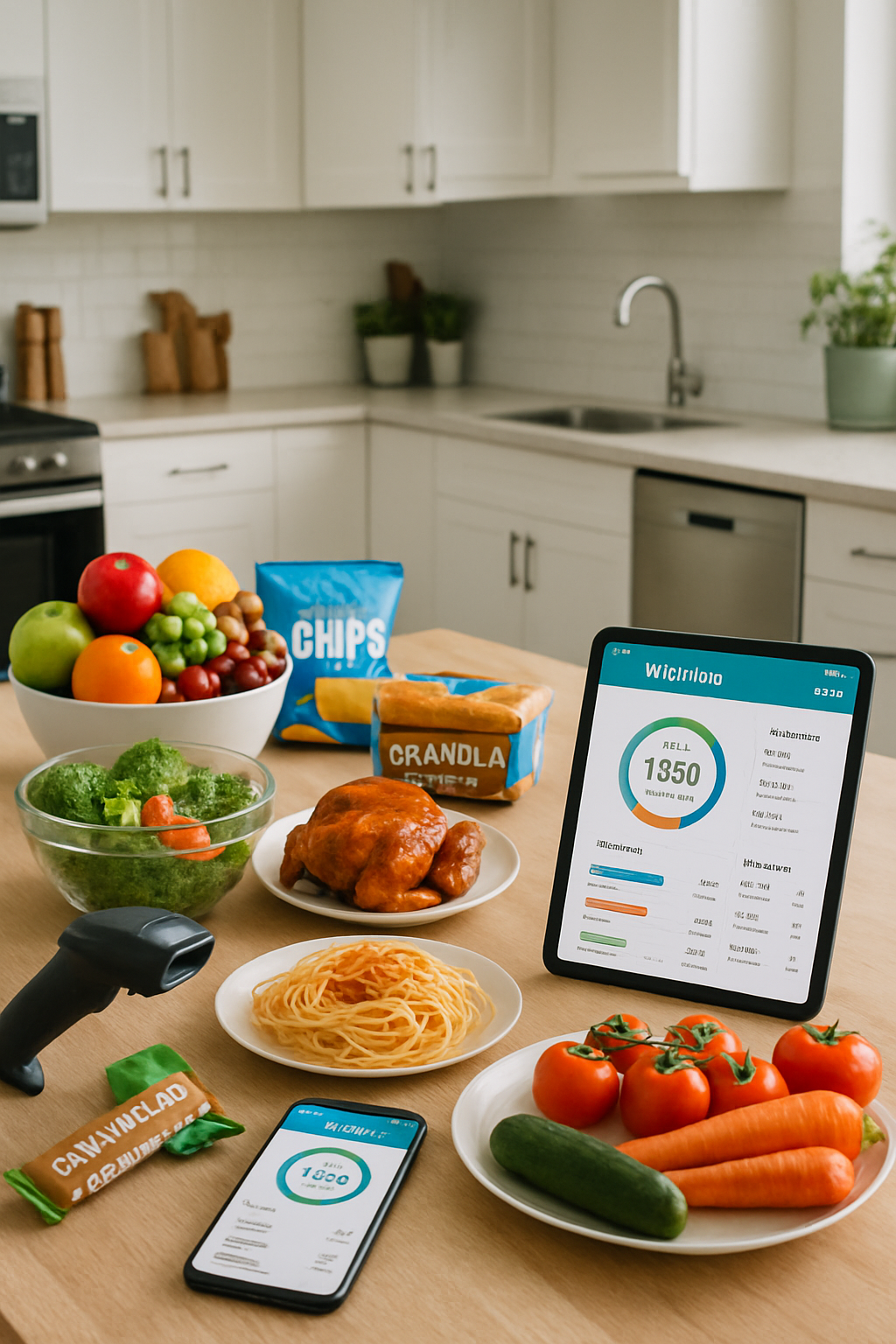 A phone showing an AI nutrition tracking app analyzing a meal, contrasted with manual food logging in a notebook.