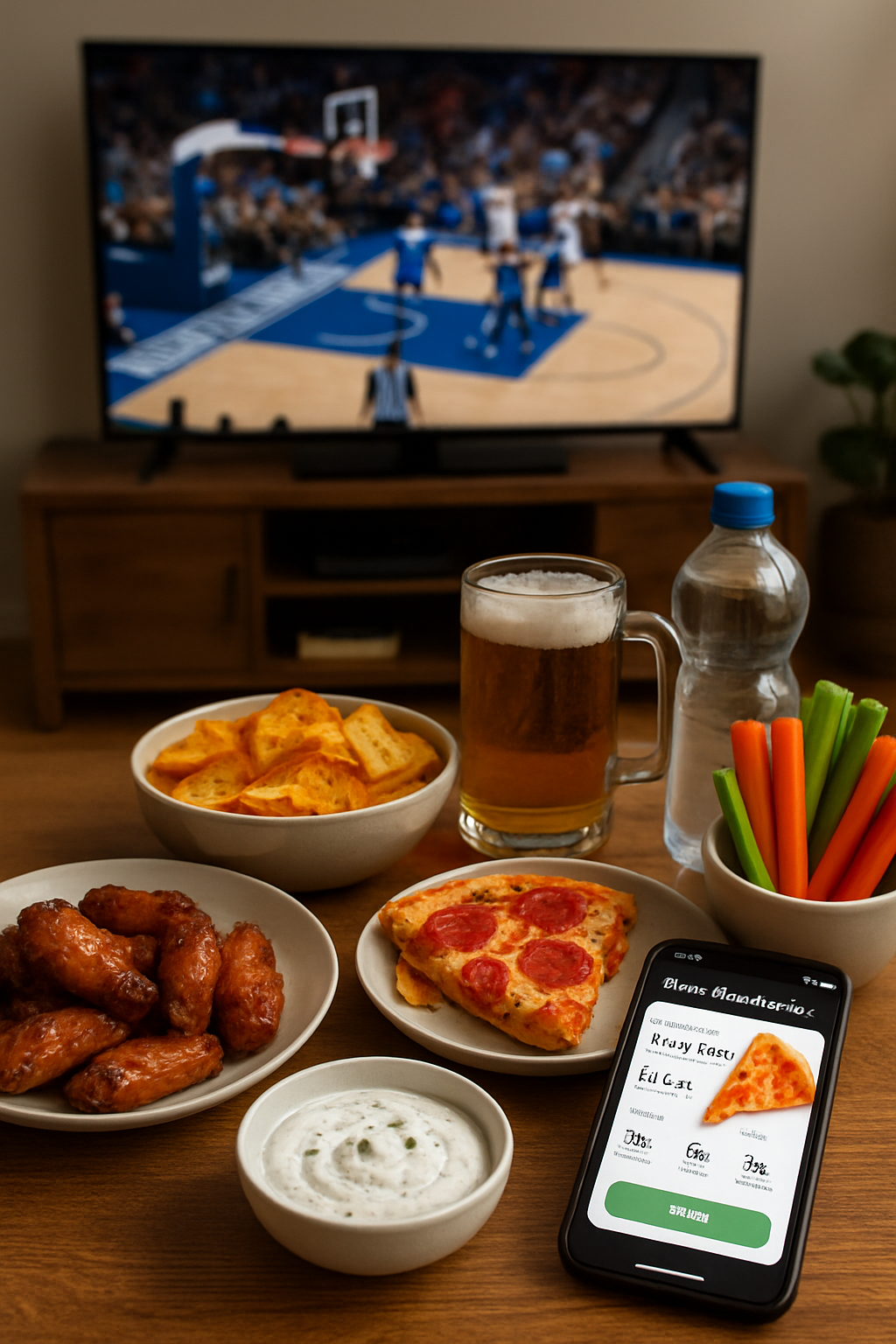 A person tracking a healthy meal on their phone using the SnapEat AI food tracking app while watching a basketball game.