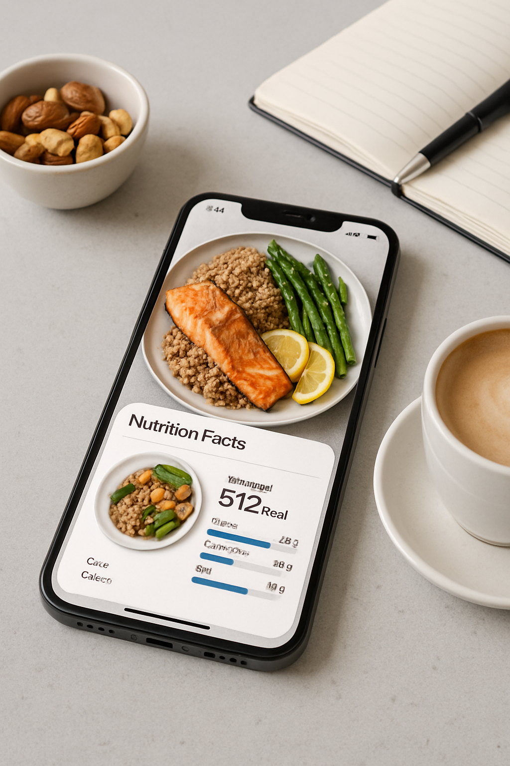Smartphone screen showing the SnapEat AI app interface analyzing a meal of grilled salmon, quinoa, and vegetables for calories and macros.