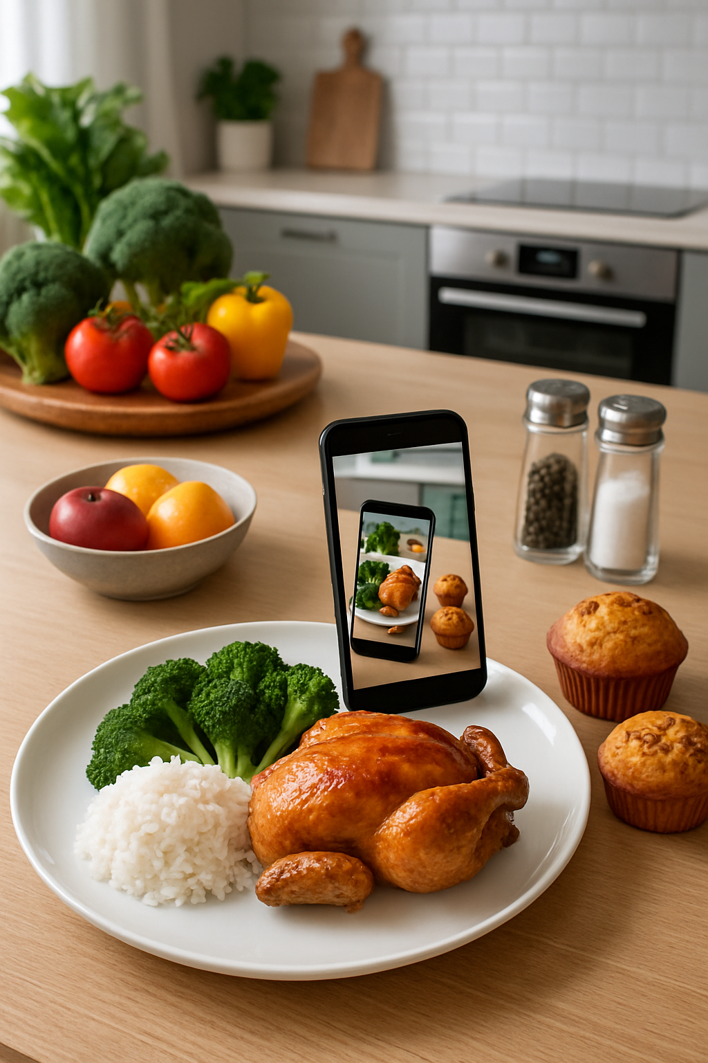 A smartphone using SnapEat AI food recognition to identify and log a nutritious meal of chicken and vegetables.
