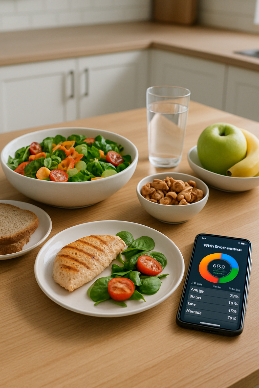 A smartphone displaying the SnapEat AI nutrition tracker app analyzing a meal of salmon and vegetables.