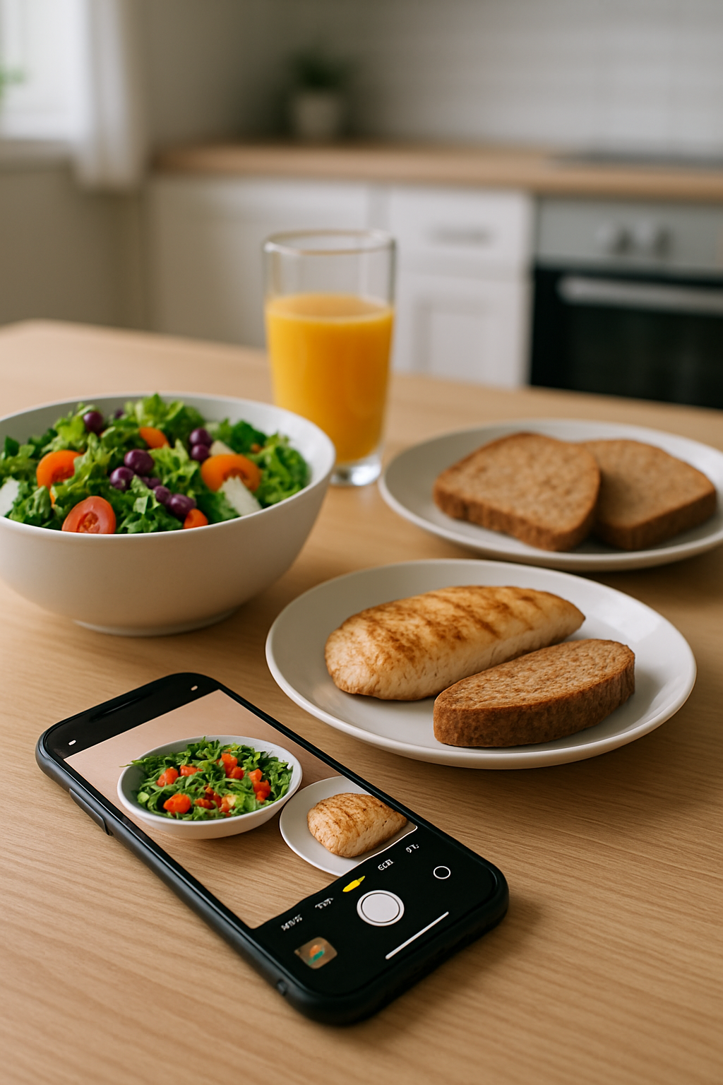 A smartphone screen showing the SnapEat AI smart calorie counter app analyzing a photo of a healthy meal.