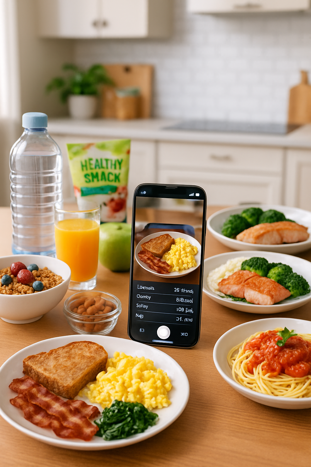 A smartphone screen showing the SnapEat AI nutrition tracker analyzing a photo of a healthy meal of chicken and vegetables.