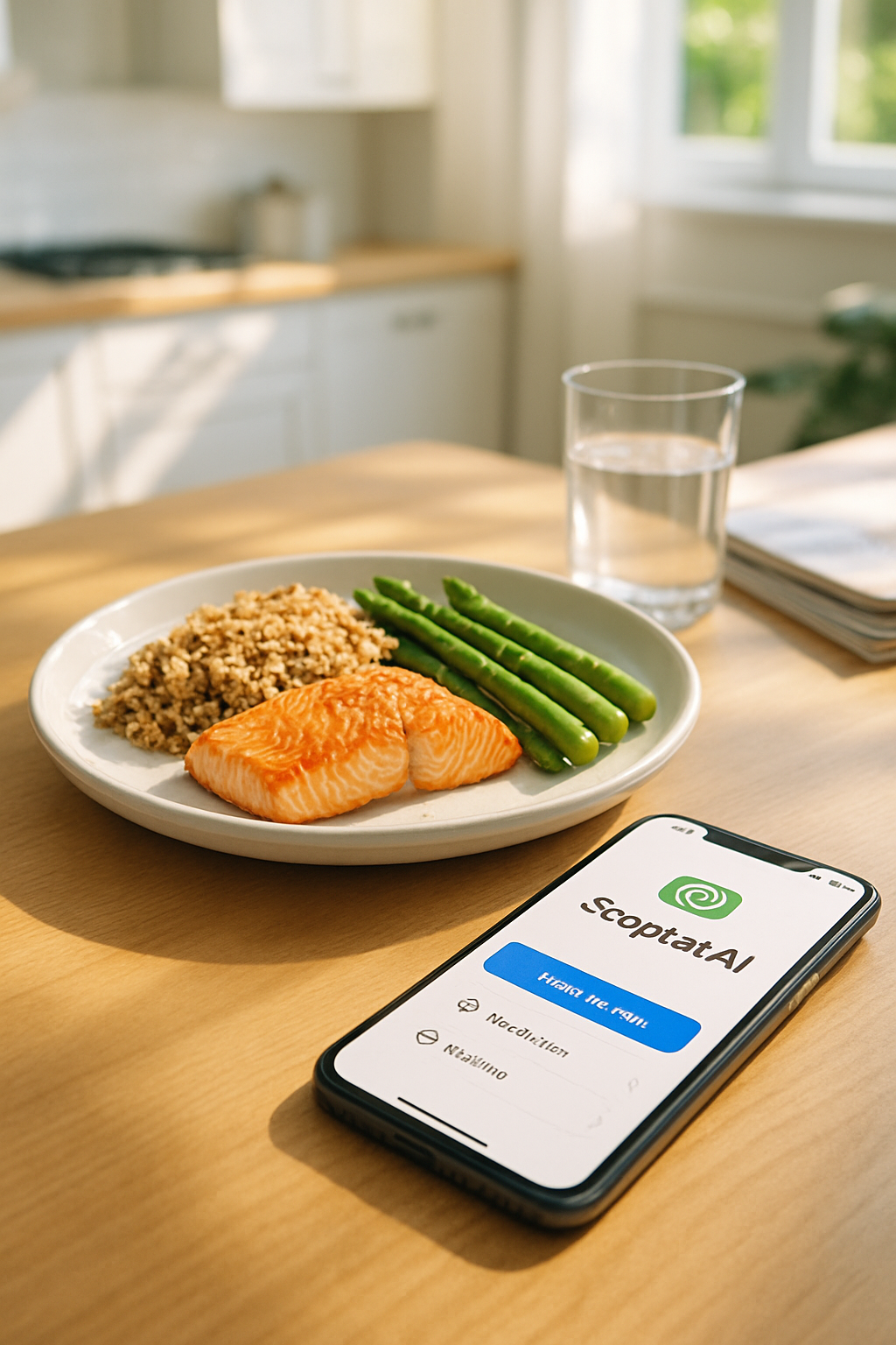 A smartphone displaying the SnapEat AI calorie counter app, showing a photo of a meal with a detailed calorie and macronutrient breakdown.