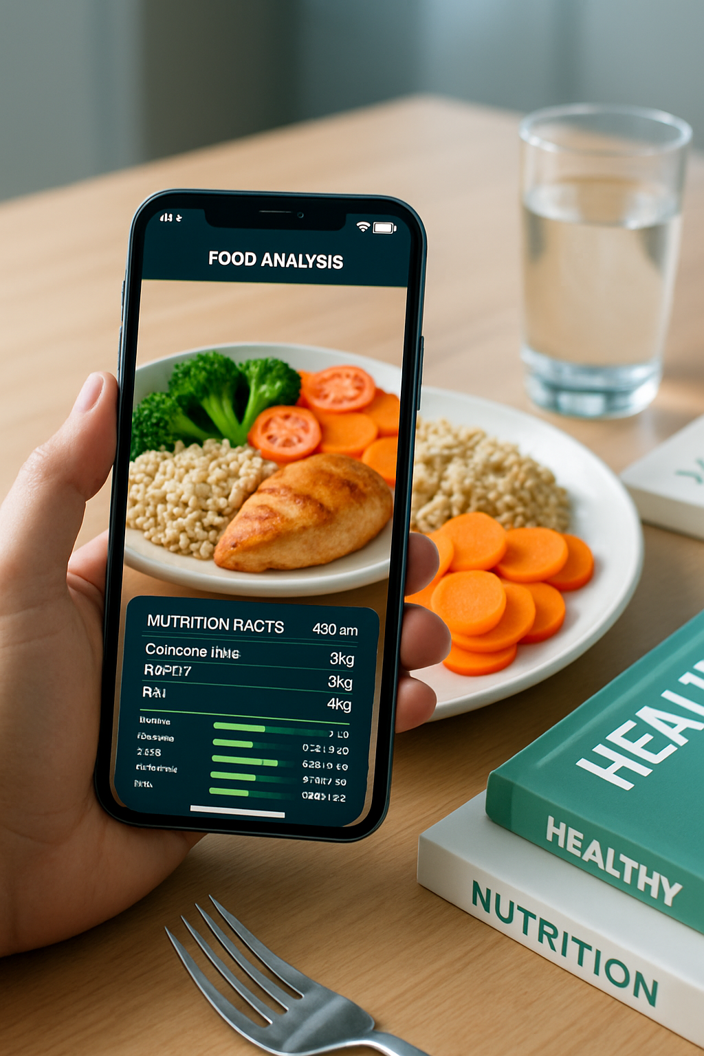 Smartphone showing the SnapEat AI app interface analyzing a photo of a meal to provide a nutritional breakdown.