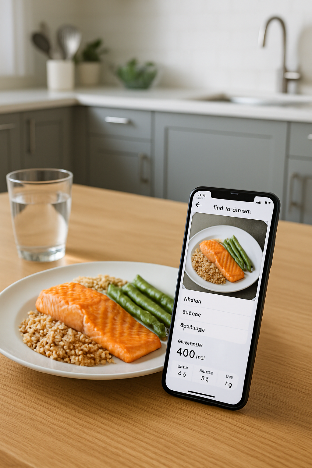 A plate of healthy food being scanned by the SnapEat AI meal tracker app on a smartphone