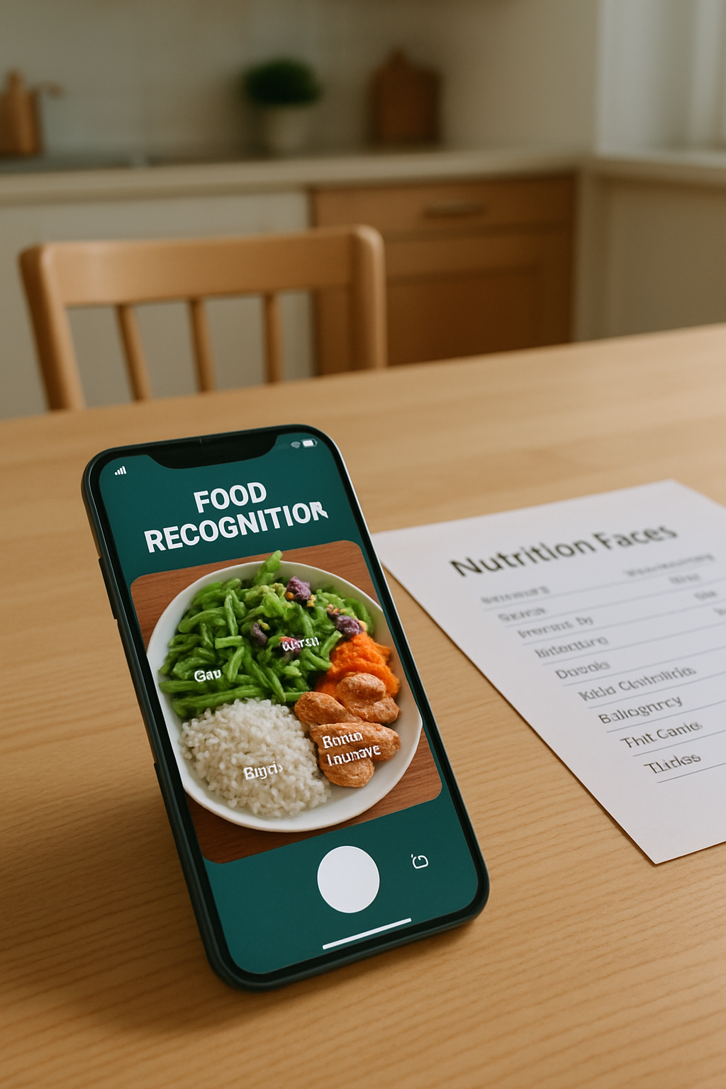 Smartphone showing SnapEat AI app identifying foods on a plate, demonstrating simple nutrition tracking for autism.