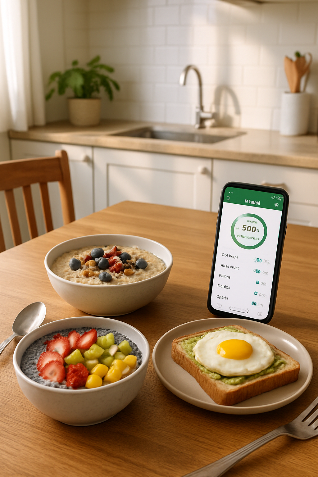 SnapEat AI app open on smartphone tracking a healthy Sahur meal with oats, toast, eggs, and fruit during Ramadan