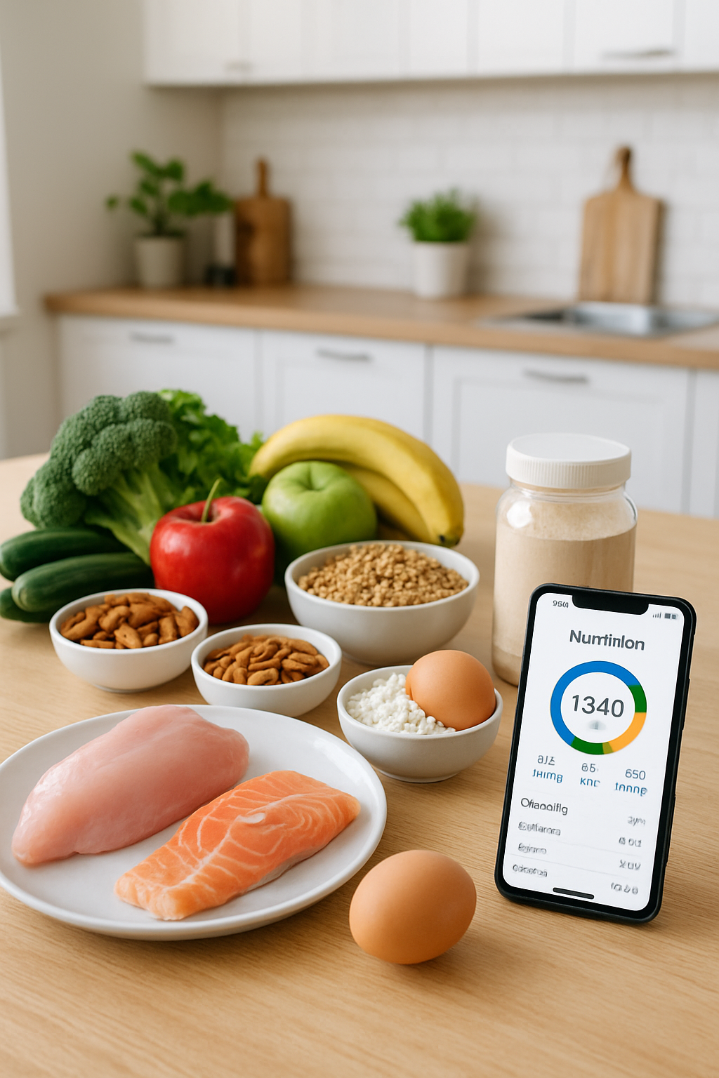 A plate of healthy food for peak performance nutrition next to a smartphone showing the SnapEat AI nutrition coach app.